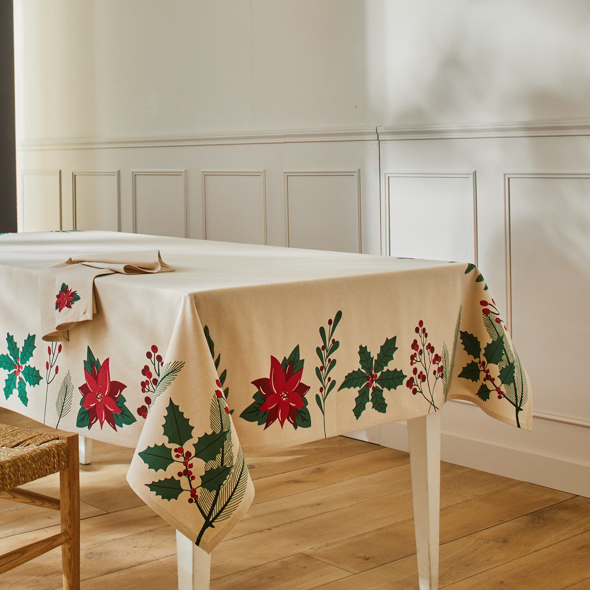 Nappe imprimée houx et poinsettia