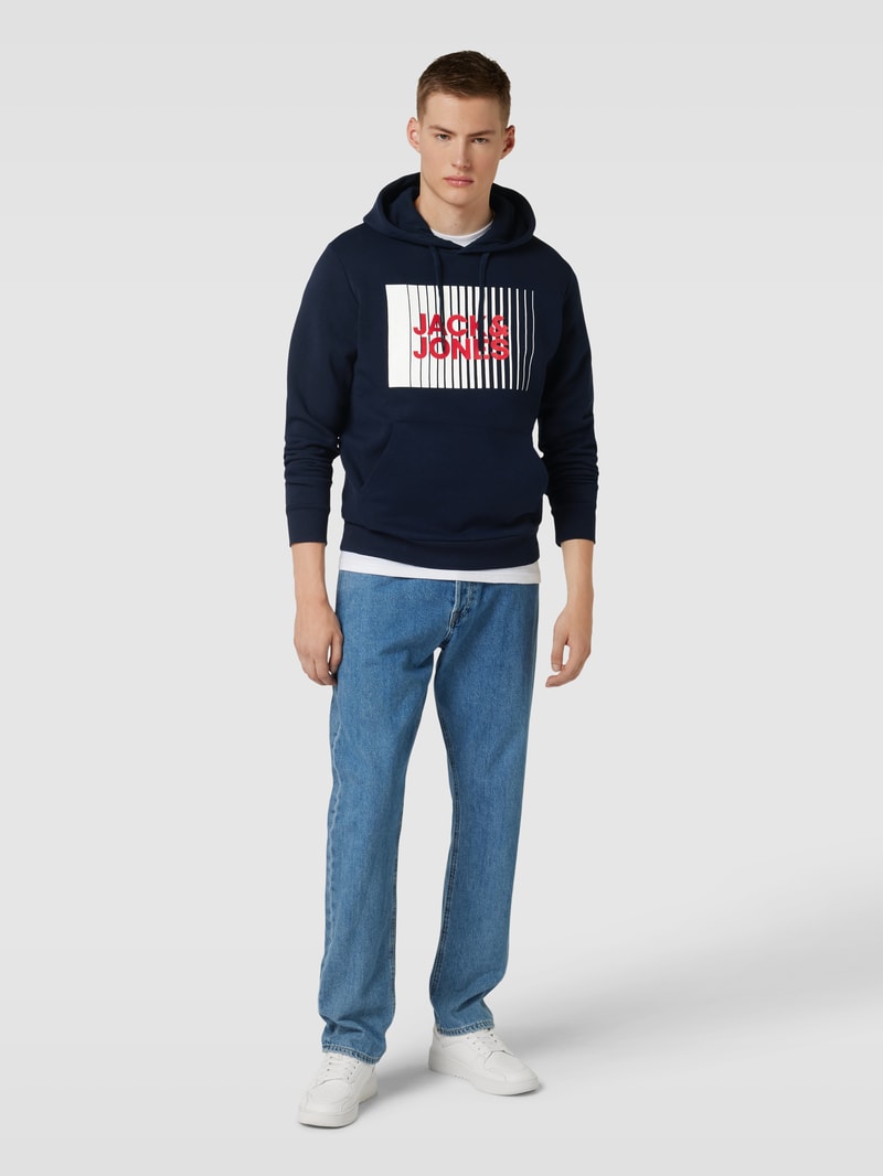 Hoodie mit Label-Print Modell 'ECORP' in dunkelblau