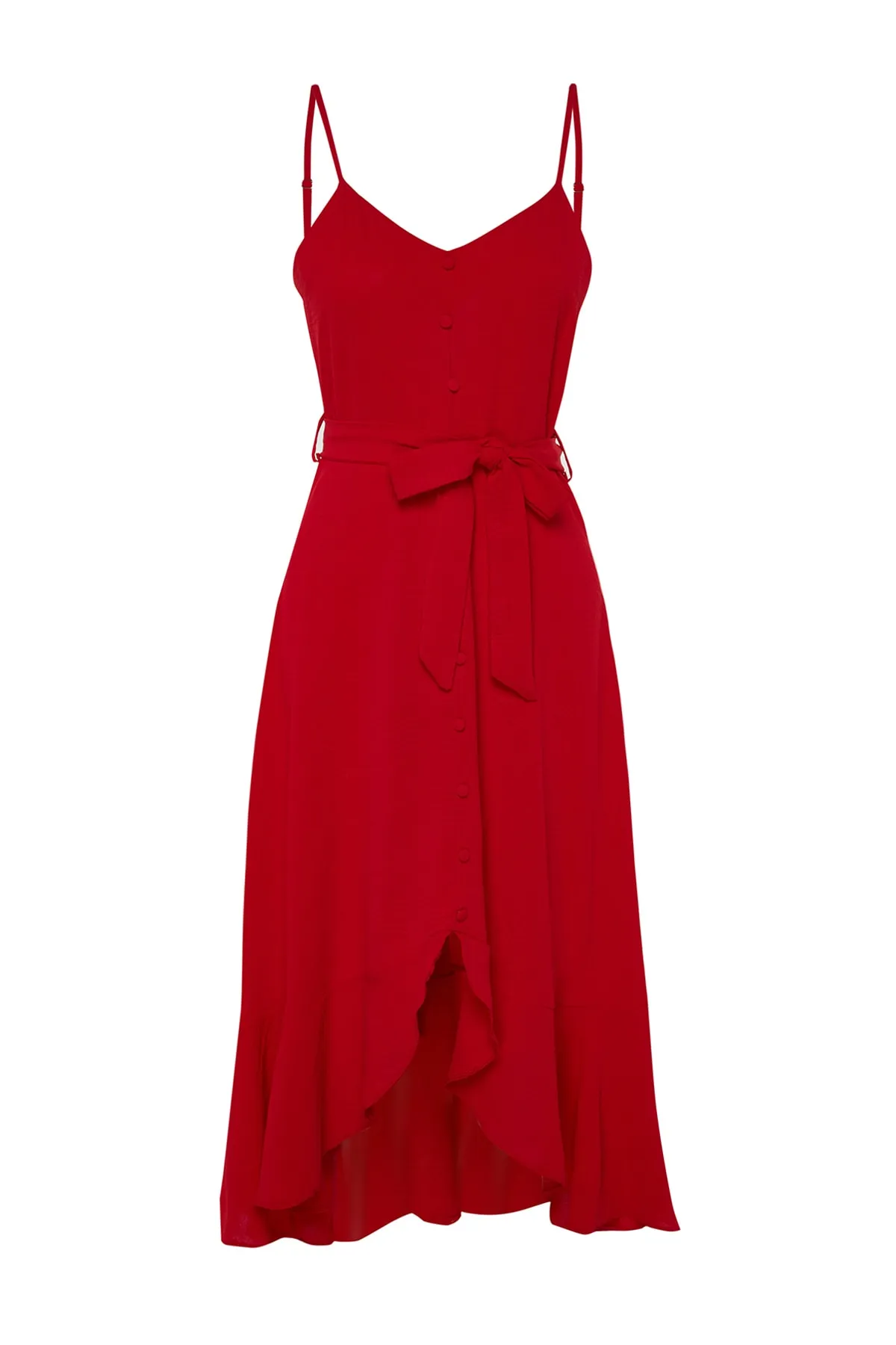 Trendyol Collection  Rotes, gewebtes Maxikleid in A-Linie/Glockenform mit Volant und Gürtel TWOSS23EL02271