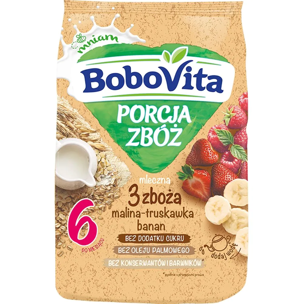 Bobovita košės pieno dribsniai (3 porcijos), aviečių, braškių ir bananų skonio
