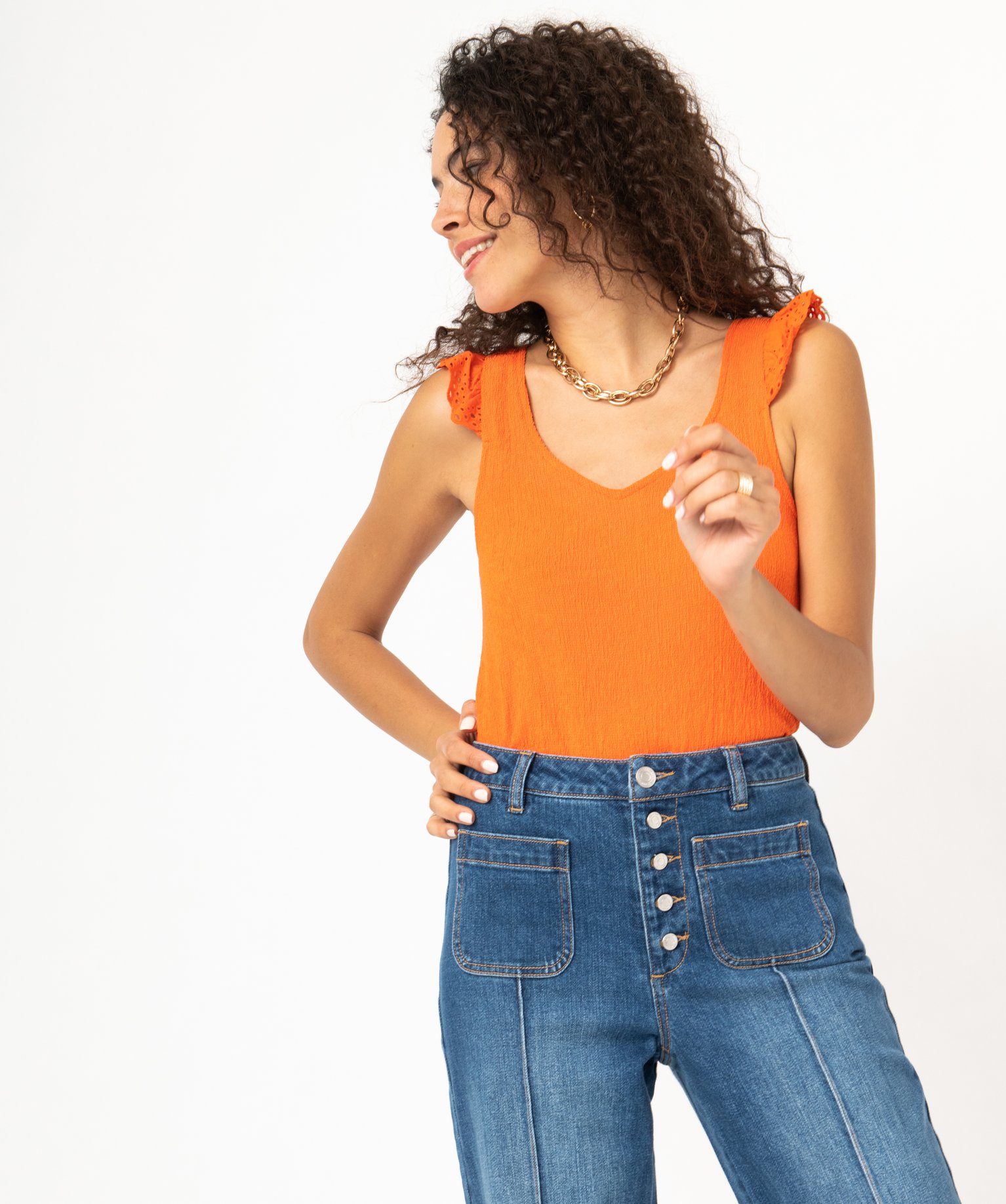 Débardeur à col V et volants en broderie anglaise femme orange | GEMO