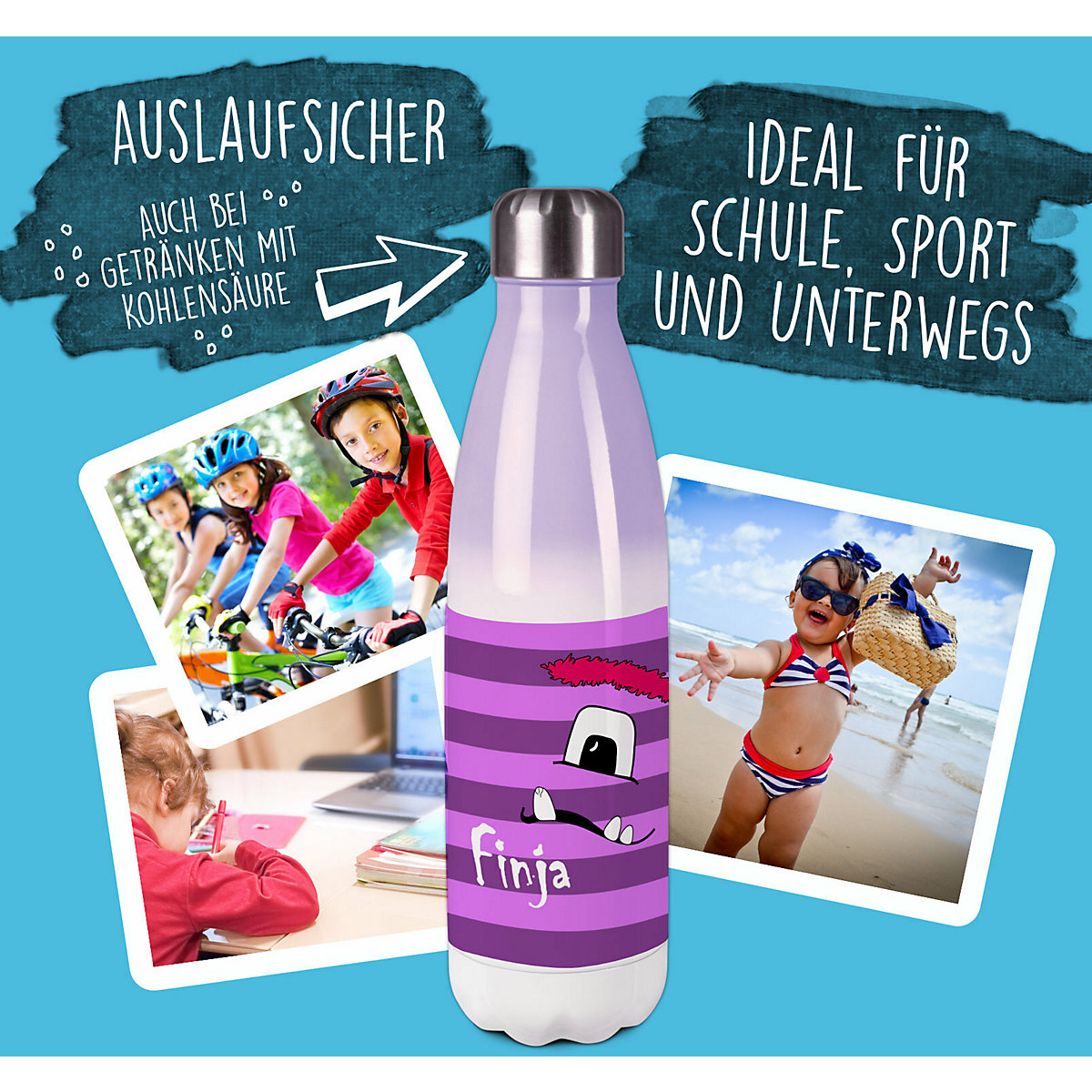 Edelstahl Kinder Thermoflasche / Trinkflasche bunt Monster Streifen Farbe lila Spülmaschinenfest, Auslaufsicher, Bruchfest, Doppelwandig, Für Heißgetränke geeignet, Mit Deckel, Isoliert