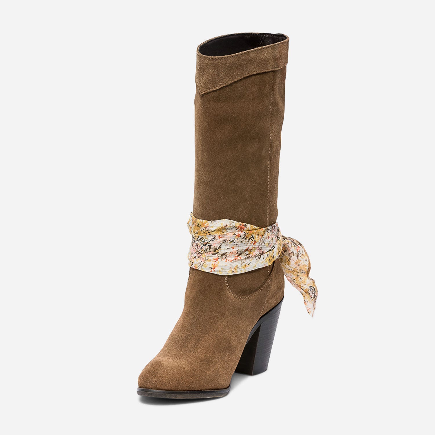 Botte courte TEXTO camel en cuir velours avec ruban