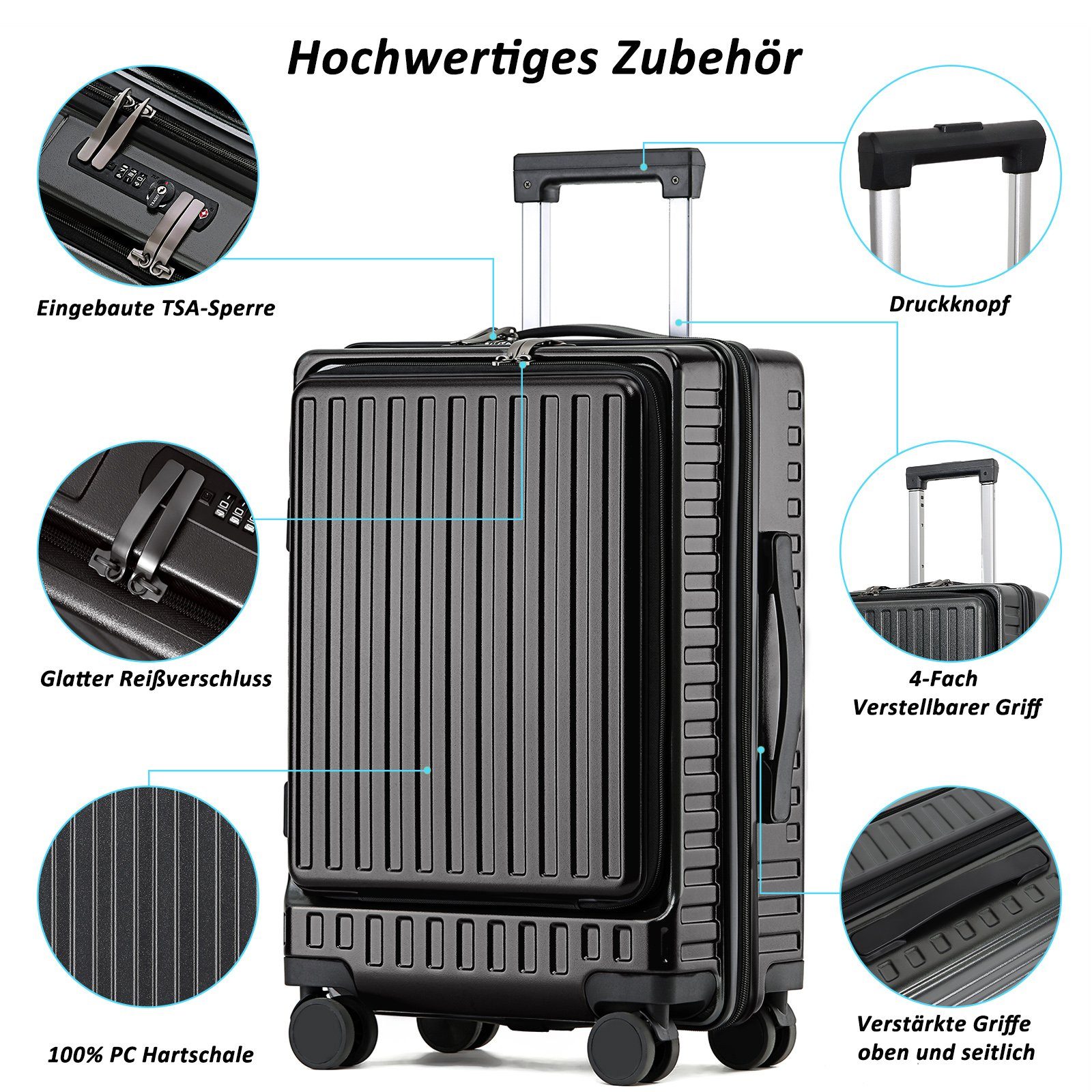 CALIYO Business-Trolley Handgepäck mit Laptopfach Hartschalen Trolley, Business Trolly, Roll-Reisekoffer 4 Doppel-Rollen, 45 cm, 36 L, Schwarz/Dunkelgrau