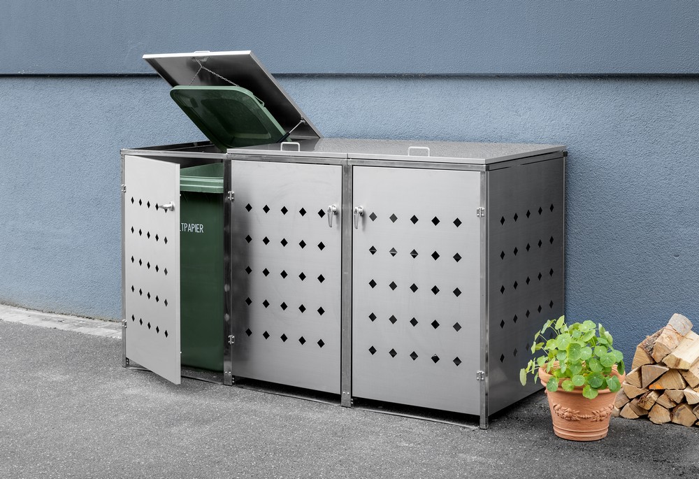 HC Garten & Freizeit Mülltonnenverkleidung 3er Mülltonnenbox Raute, Edelstahl