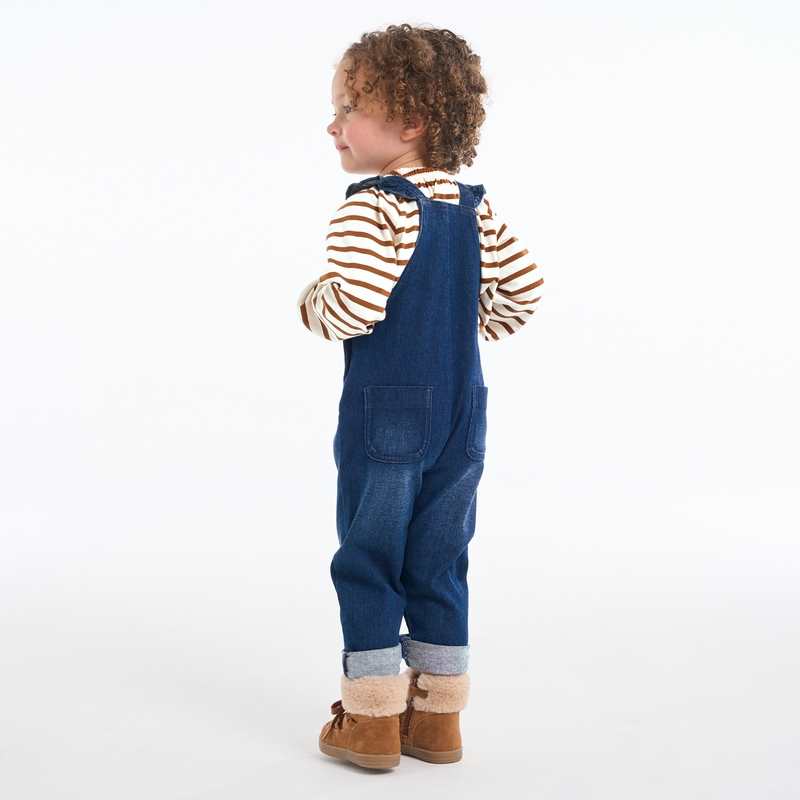 Salopette denim bleue et sweat rayé bébé fille
