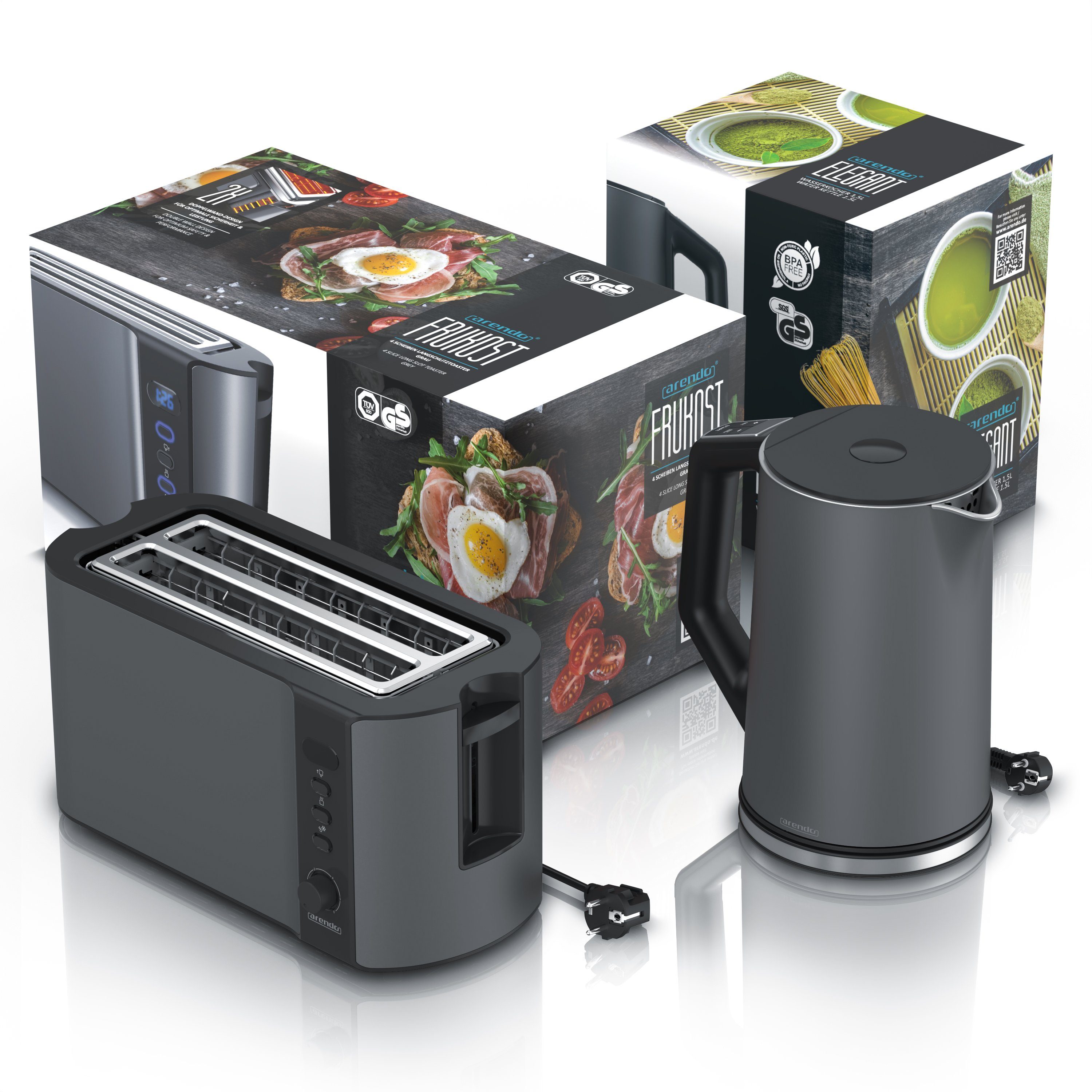 Arendo Frühstücks-Set (2-tlg), Edelstahl Wasserkocher 1,5l, 4-Scheiben Langschlitz Toaster, Grau