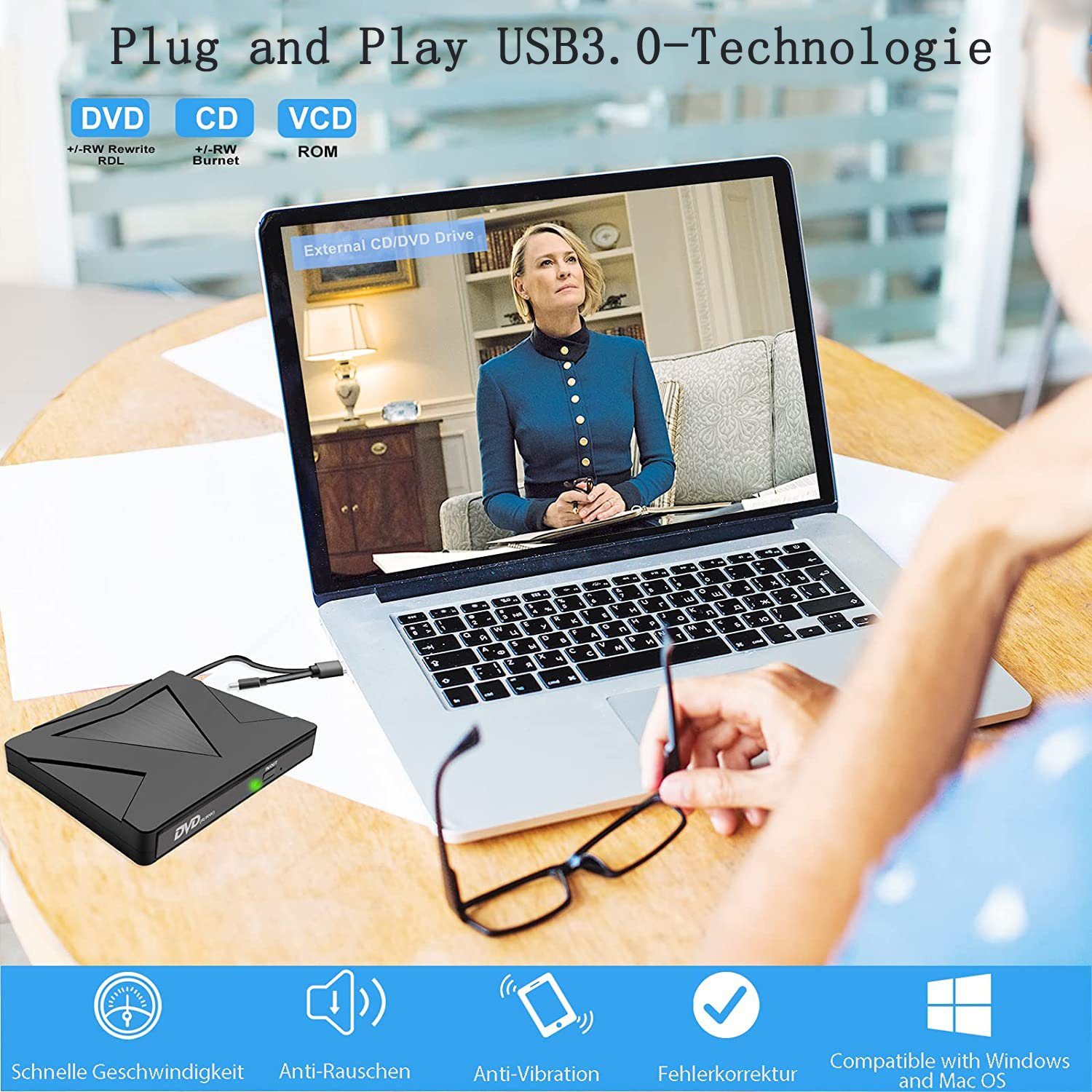 GelldG Externes DVD CD Laufwerk USB 3.0 & Type-C CD DVD +/- RW Brenner DVD-Player