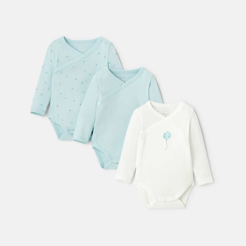 Lot de 3 bodies croisés manches longues en coton bleu naissance Absorba