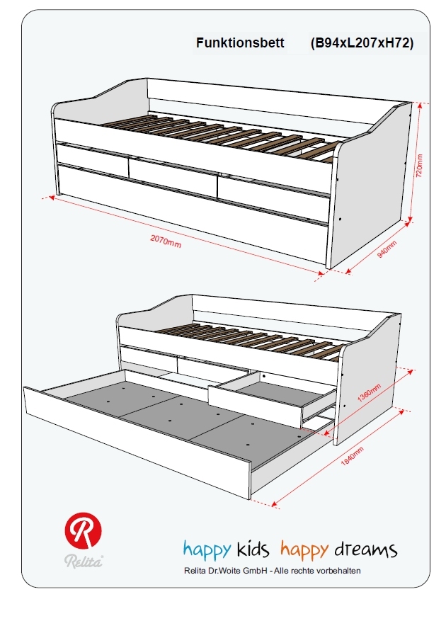 Relita Funktionsbett JILL 90x200 ohne Lattenrost, 3 Schubladen u. Bettschublade Dekor Weiß