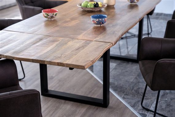 Junado® Baumkantentisch Noar, Mango Massivholz, naturfarben, natürliche Baumkante, 2 Ansteckplatten
