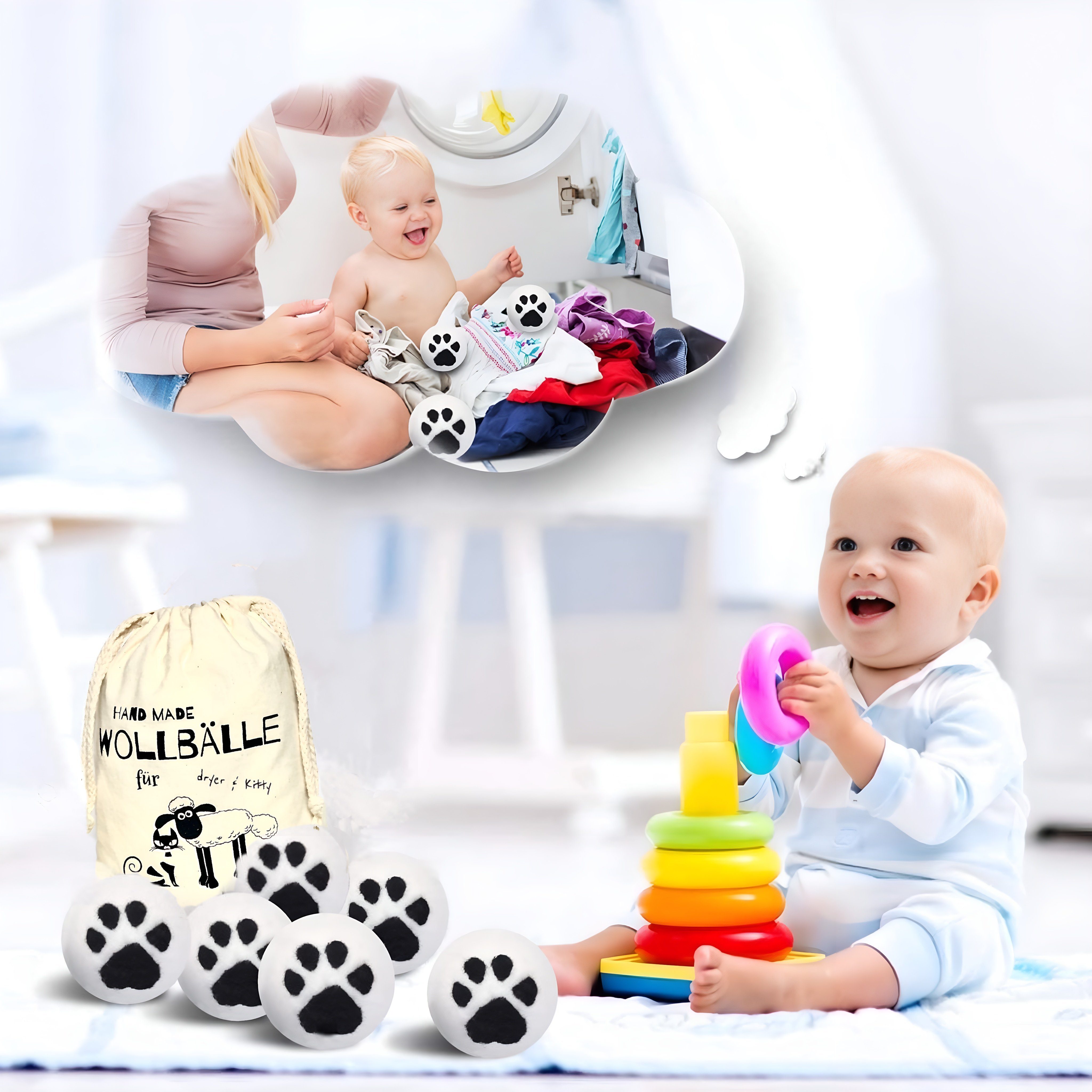 CULTZEN Trocknerball 6x Öko Wäschebälle Trocknerbälle Premium Schafwolle für Wäschetrockner (XL Set, 6-St., 100% hypoallergene Schafwolle), Biologischer Weichspüler Laundry & More