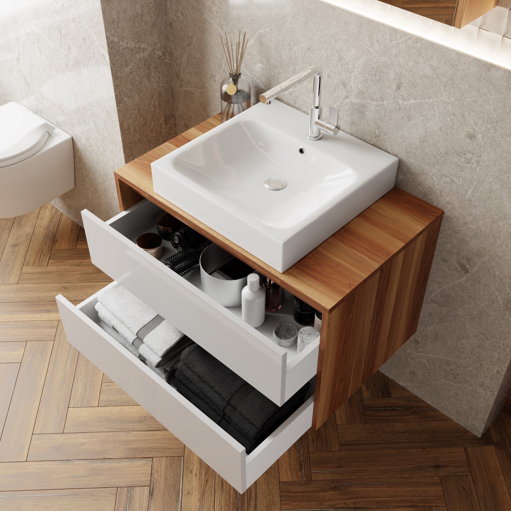 Karen Badezimmer-Set Loon, (Komplett-Set, 3-Teilig (Unterschrank, Spiegelschrank, Waschbecken), Konsolenwaschtisch, MDF Lam, Softclose, Korpus Matt, Fronten Hochglanz