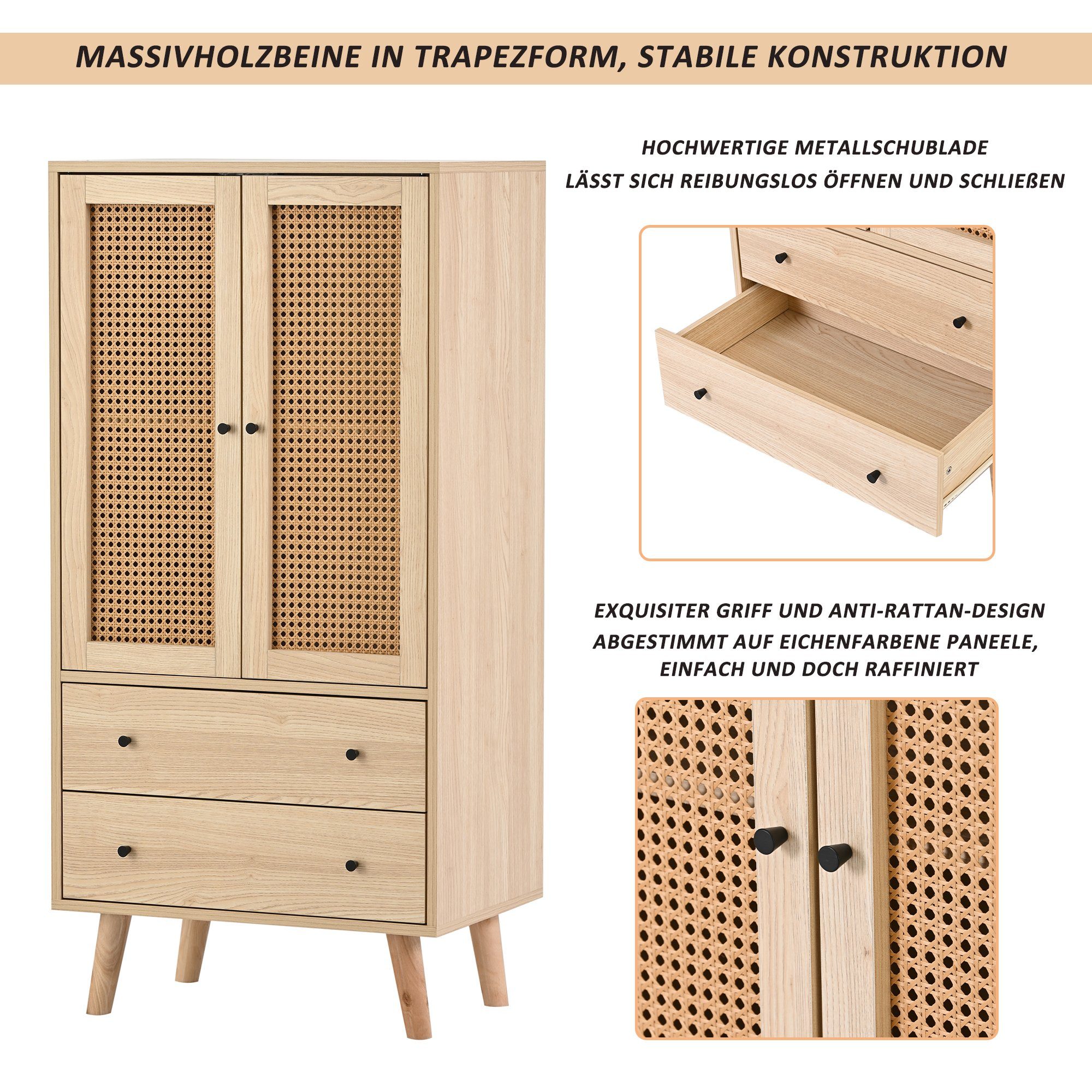 Merax Highboard mit 2 Türen mit Rattan-Geflecht und 2 Schubladen, Sideboard Holz, Kommode, B/H/T:60/120/40cm