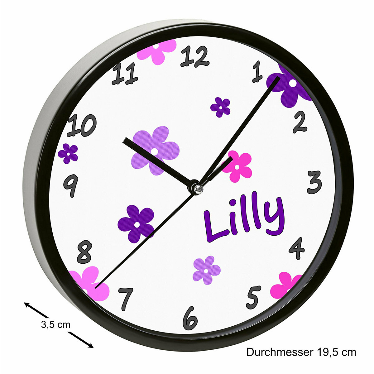 Kinder Wanduhr laufruhig personalisiert mit Name Blumen Pink-Lila