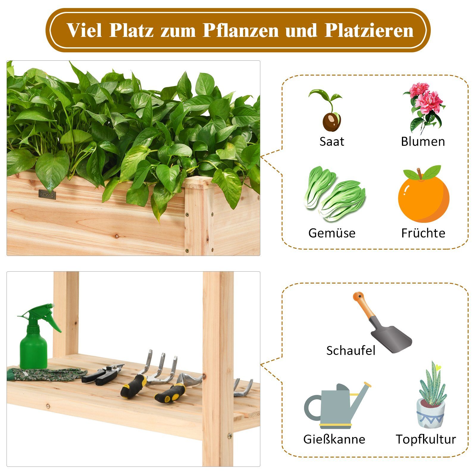 COSTWAY Hochbeet Pflanzkübel, Pflanzkasten, mit Ablage, 86x46x76 cm