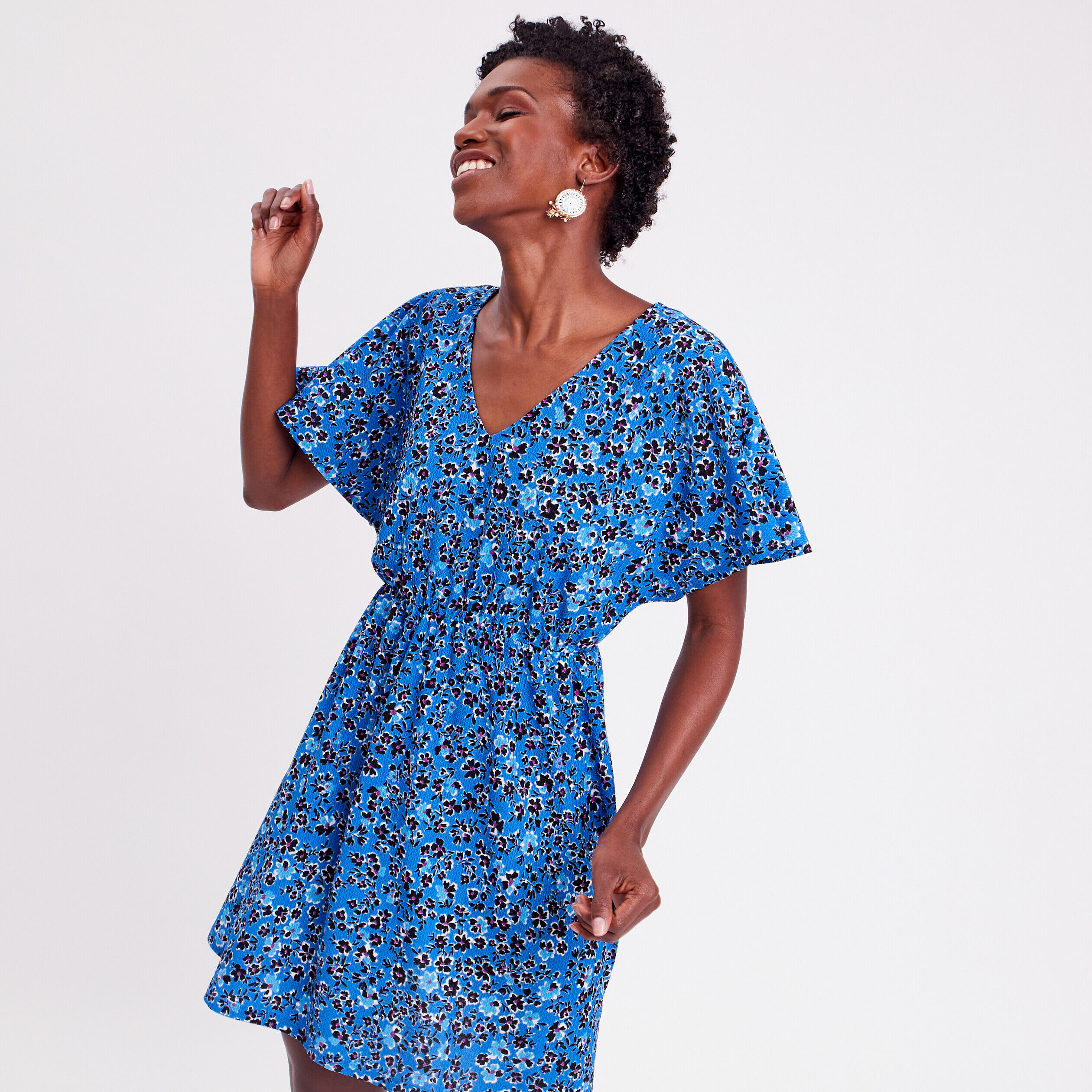 Robe évasée col en V bleu femme | Cache Cache