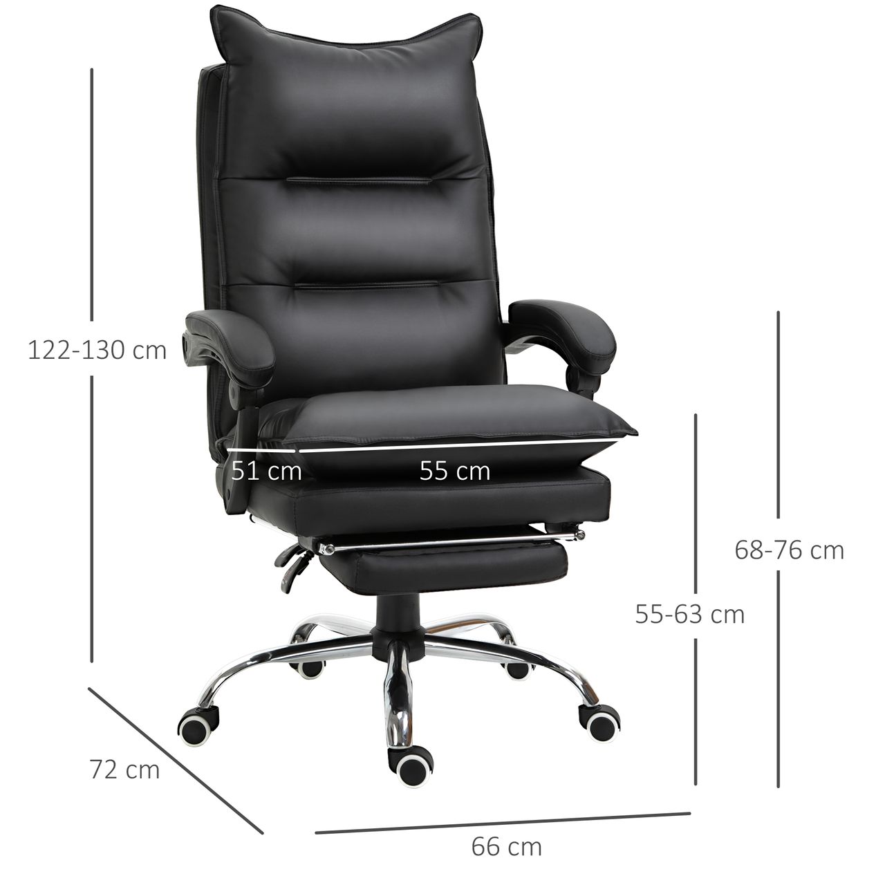 Vinsetto Bürostuhl mit Fußstütze höhenverstellbarer Schreibtischstuhl Drehstuhl Rückenlehne Kunstleder Schwarz 66 x 72 x 122-130 cm