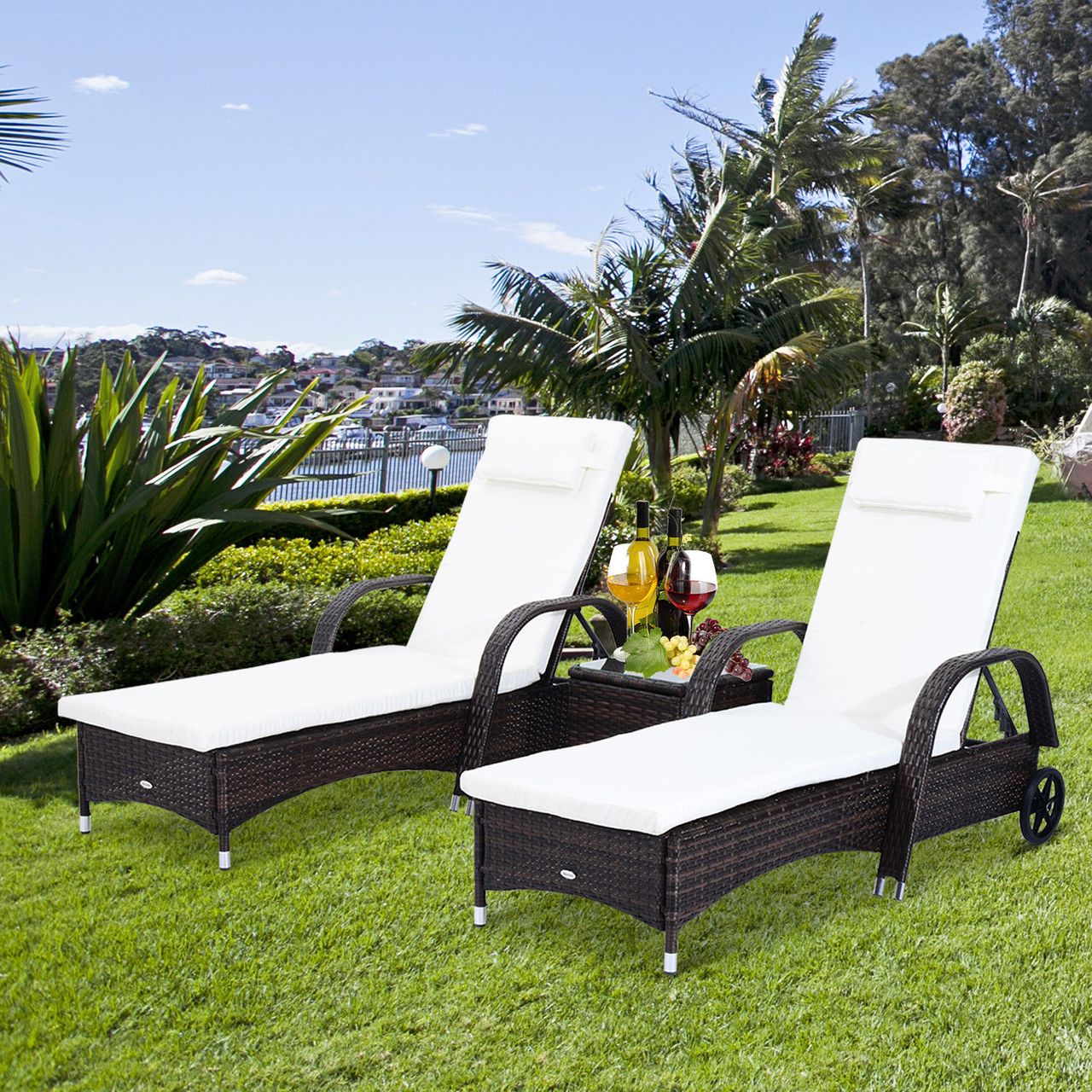 Outsunny Sonnenliege Gartenliege Tisch 3er-Set Gartenmöbel Braun/Cremeweiß