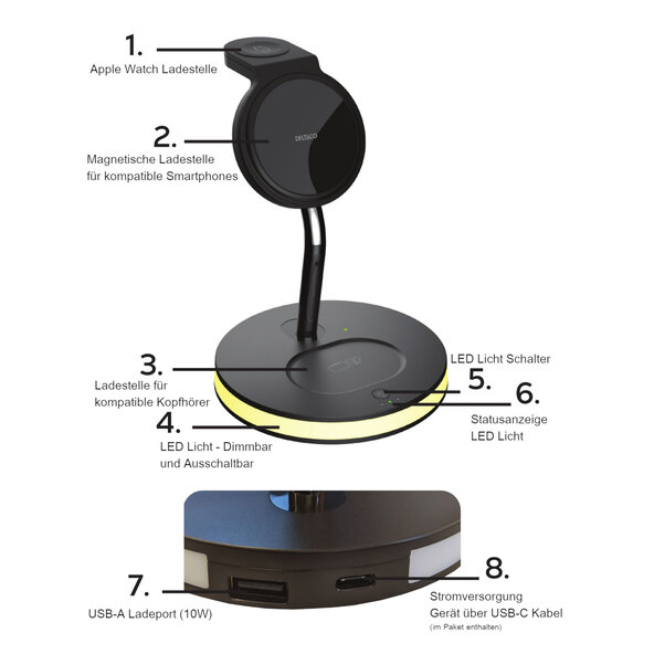 3-in-1 Wireless Charger QI-1041 mit LED-Beleuchtung, 15 W