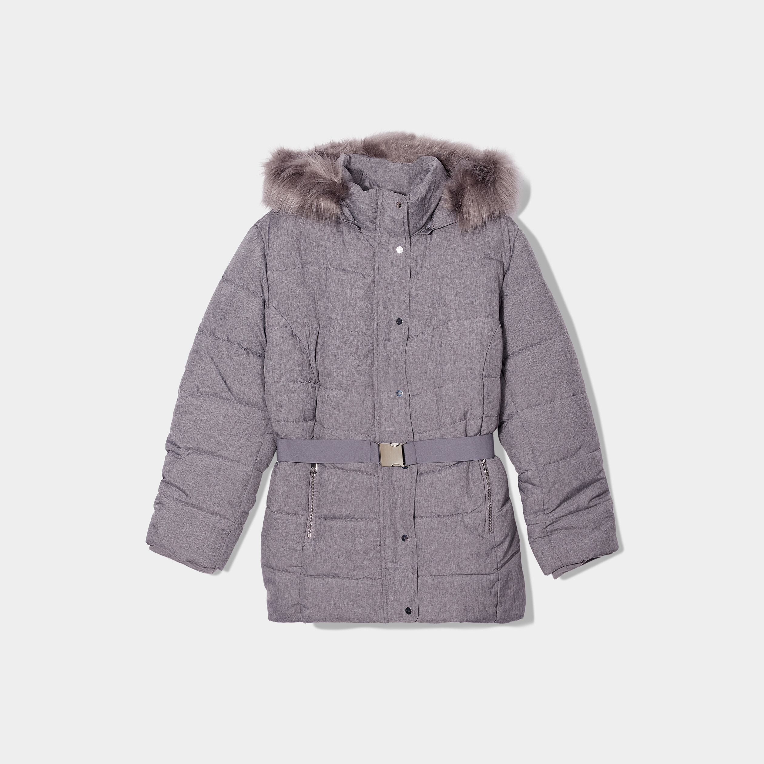Doudoune ceinturée à capuche fourrure gris clair femme grande taille | La Halle