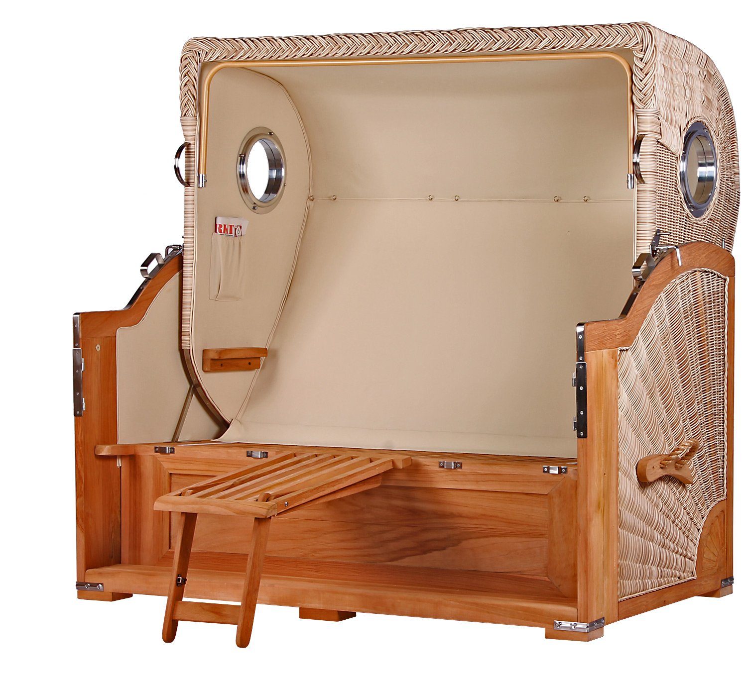 bene living Strandkorb Königssee 3-Sitzer Teak - PE shell - Modell 504, BxTxH: 170x95x170 cm, Volllieger ca. 175 Grad, Ostsee-Strandkorb, inkl. Liftersystem und Bullaugen