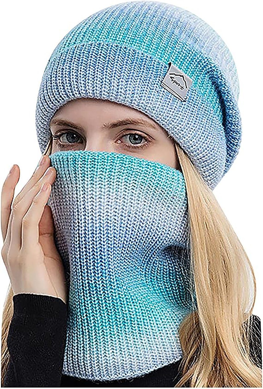 Strickmütze Damen Wollmütze verdickt warme Ohrenschützer kalt gestrickt Mütze (Zweiteiliges Set, bestehend aus Mütze und Schal) Verdickte warme Wollmütze mit Farbverlauf