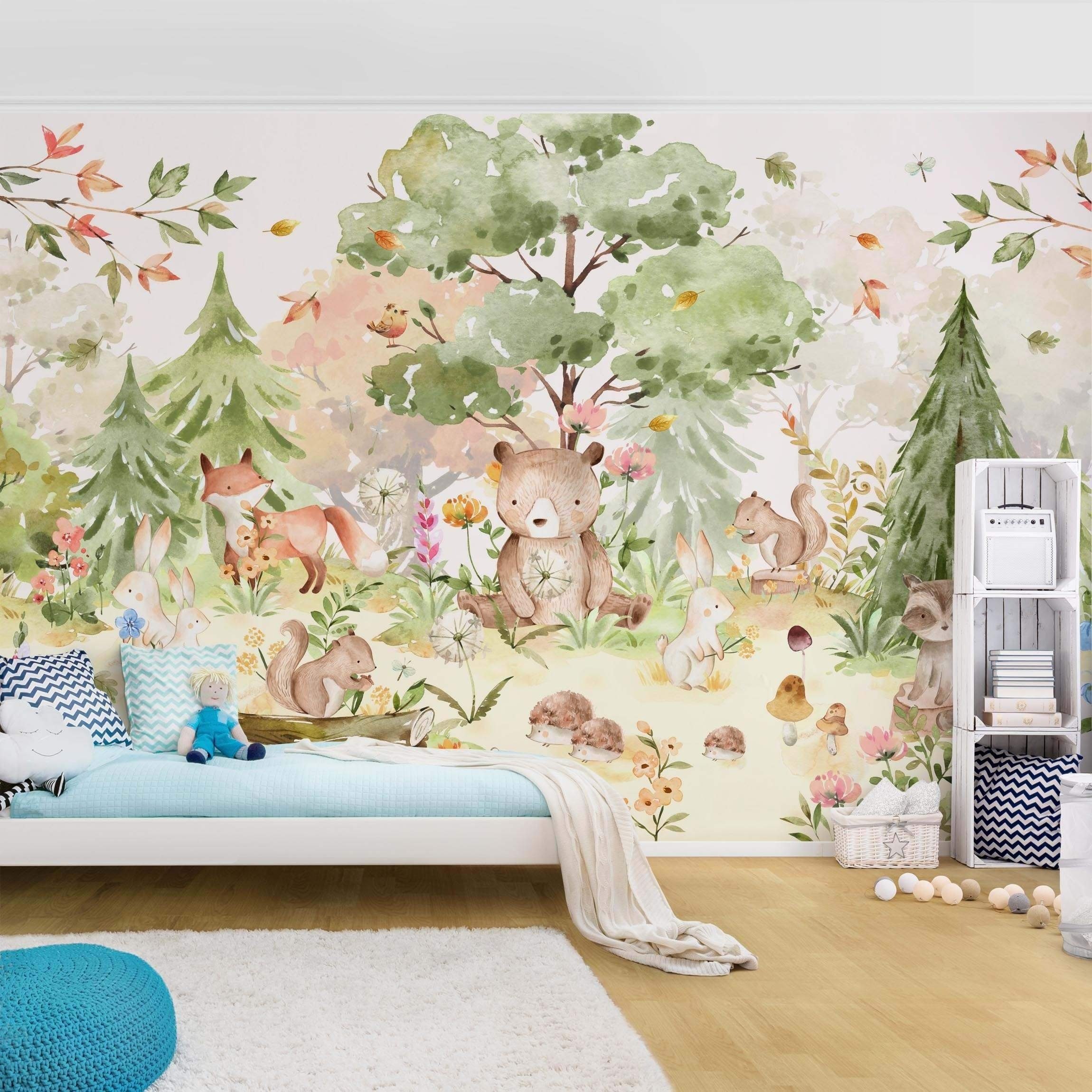 Bilderdepot24 Kindertapete Kinderzimmer Aquarell Waldtiere Bär Fuchs Baum Kinder Wanddeko, Glatt, Matt, (Inklusive Gratis-Kleister oder selbstklebend), Mädchenzimmer Jungenzimmer Babyzimmer Bildtapete Fototapete Wandtapete