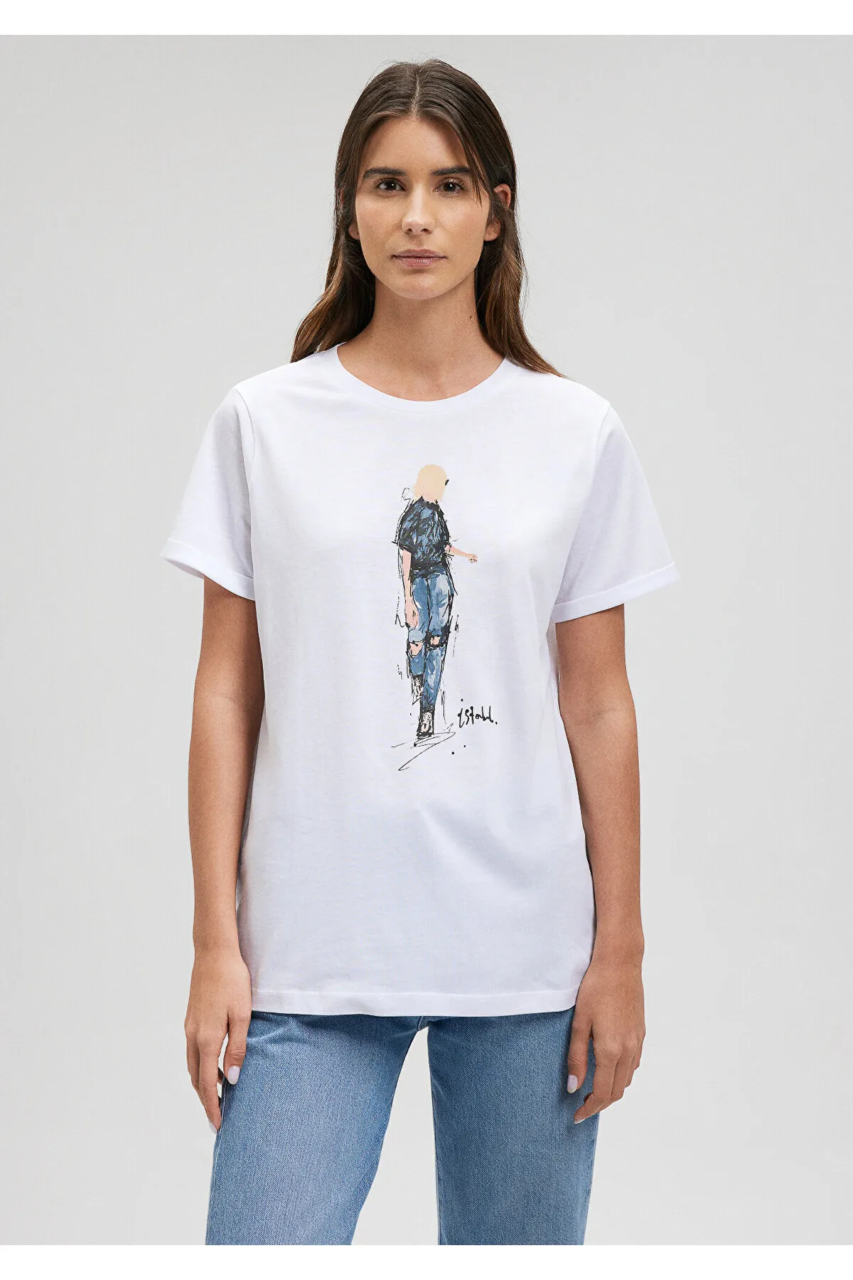 Mavi  Weißes Istanbul-T-Shirt mit Denim-Girl-Aufdruck, reguläre Passform / normaler Schnitt 1610222-620