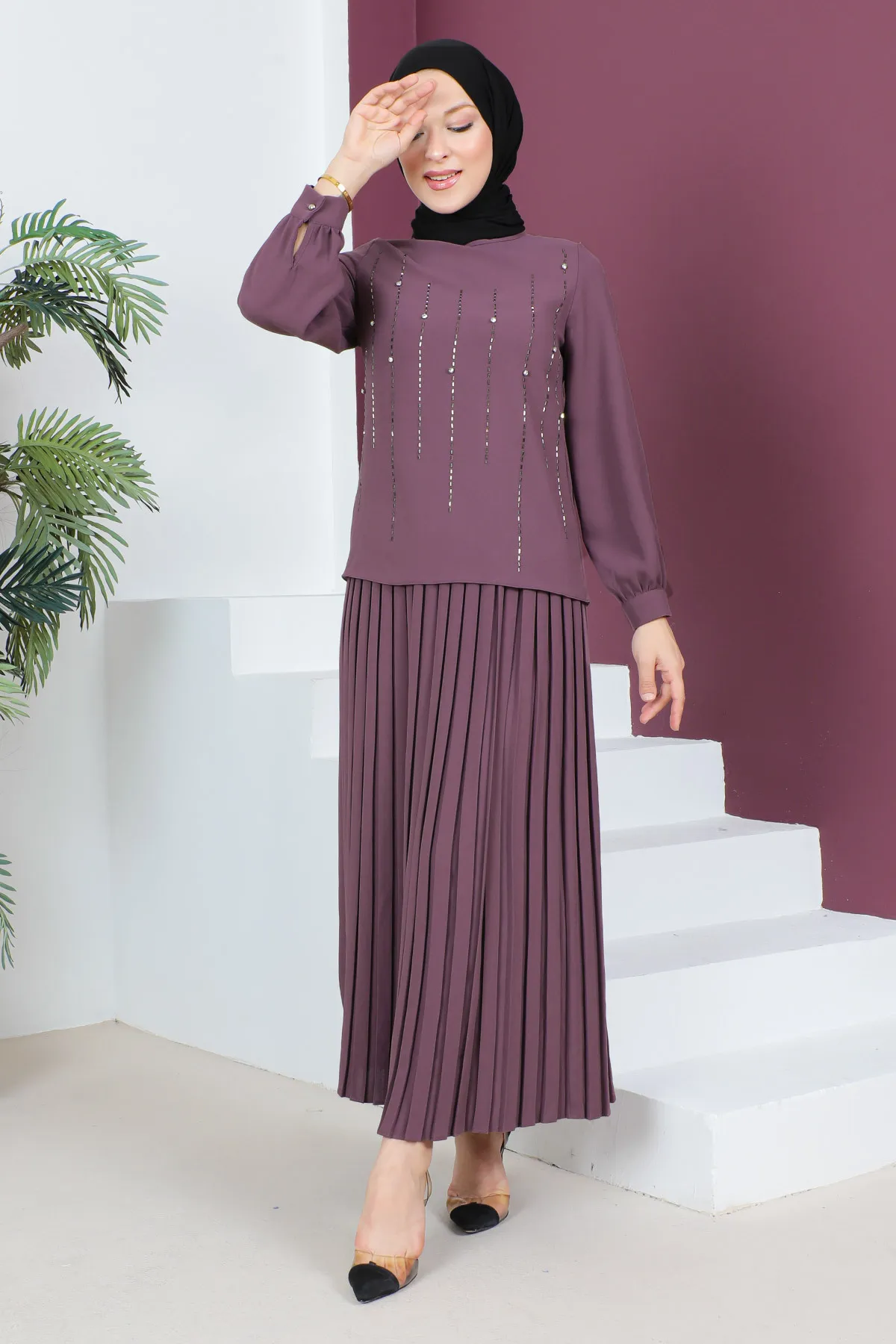 Tesettür Dünyası  Stone Detaillierter Rockanzug Tsd230525 Dusty Rose