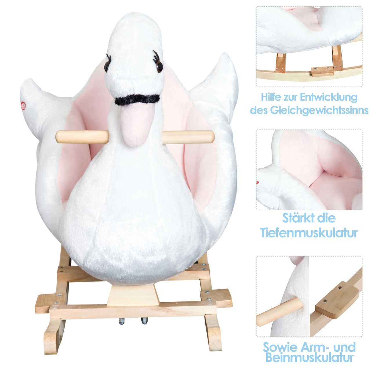 HOMCOM Kinder Schaukelpferd Baby Schaukeltier Schwan mit Musik Spielzeug Haltegriffe ab 18 Monate Plüsch Rosa Weiß 60 x 32 x 55 cm