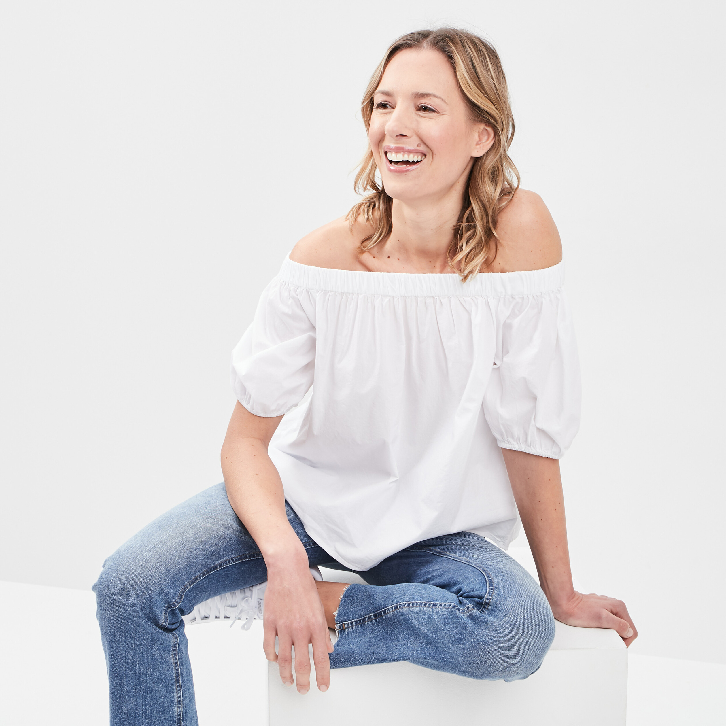Blouse col bardot manches 3 4 blanc femme | La Halle