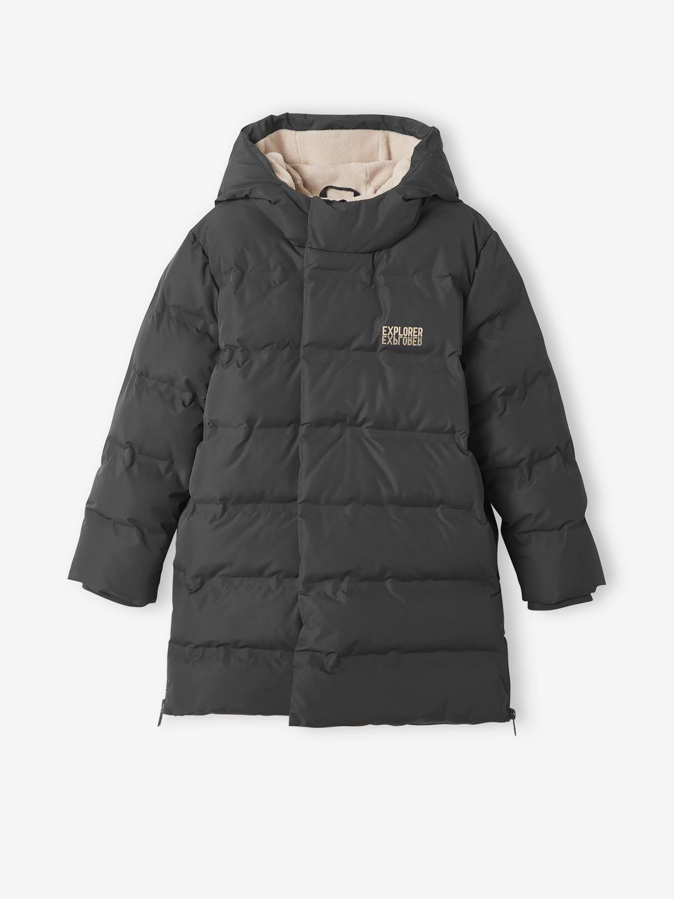 Doudoune longue à capuche doublée maille polaire garçon gris
