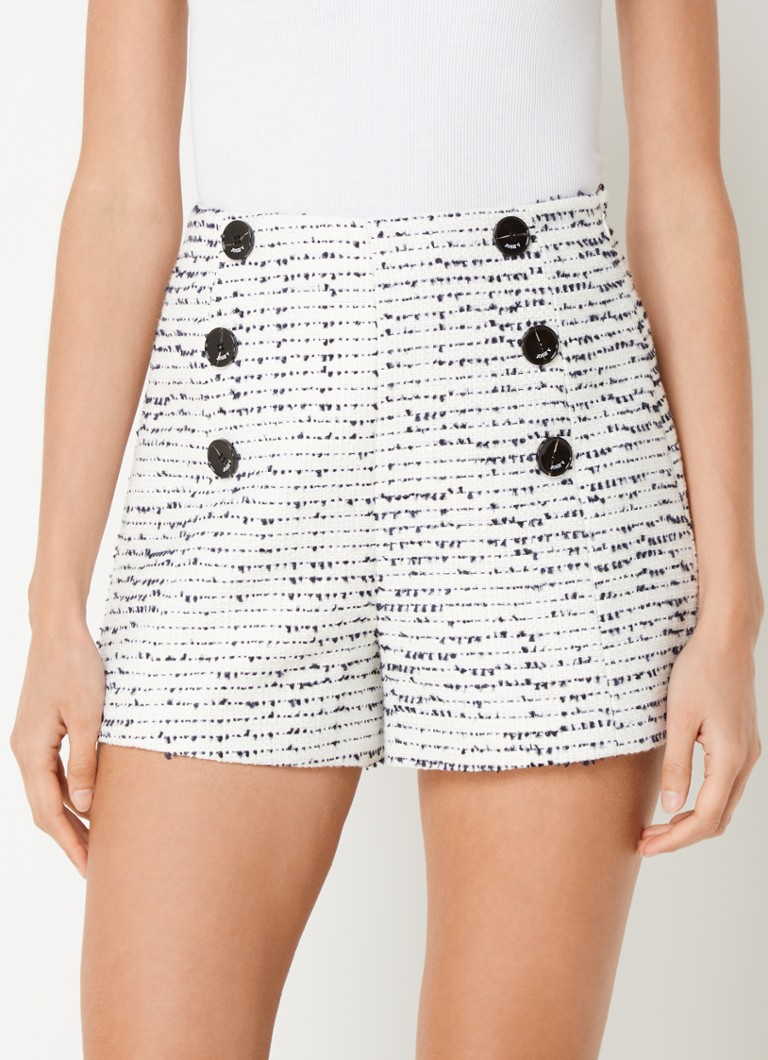 Pantaloni scurți Natalia cu croială dreaptă, talie înaltă și efect tweed, de la JOSH V, închiși cu nasturi decorativi.