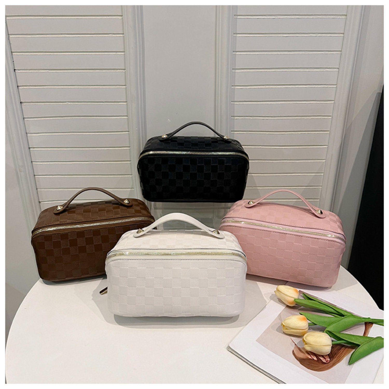 HOMEIDEAS Kosmetiktasche, Wasserabweisende Große karierte Make-up-Tasche
