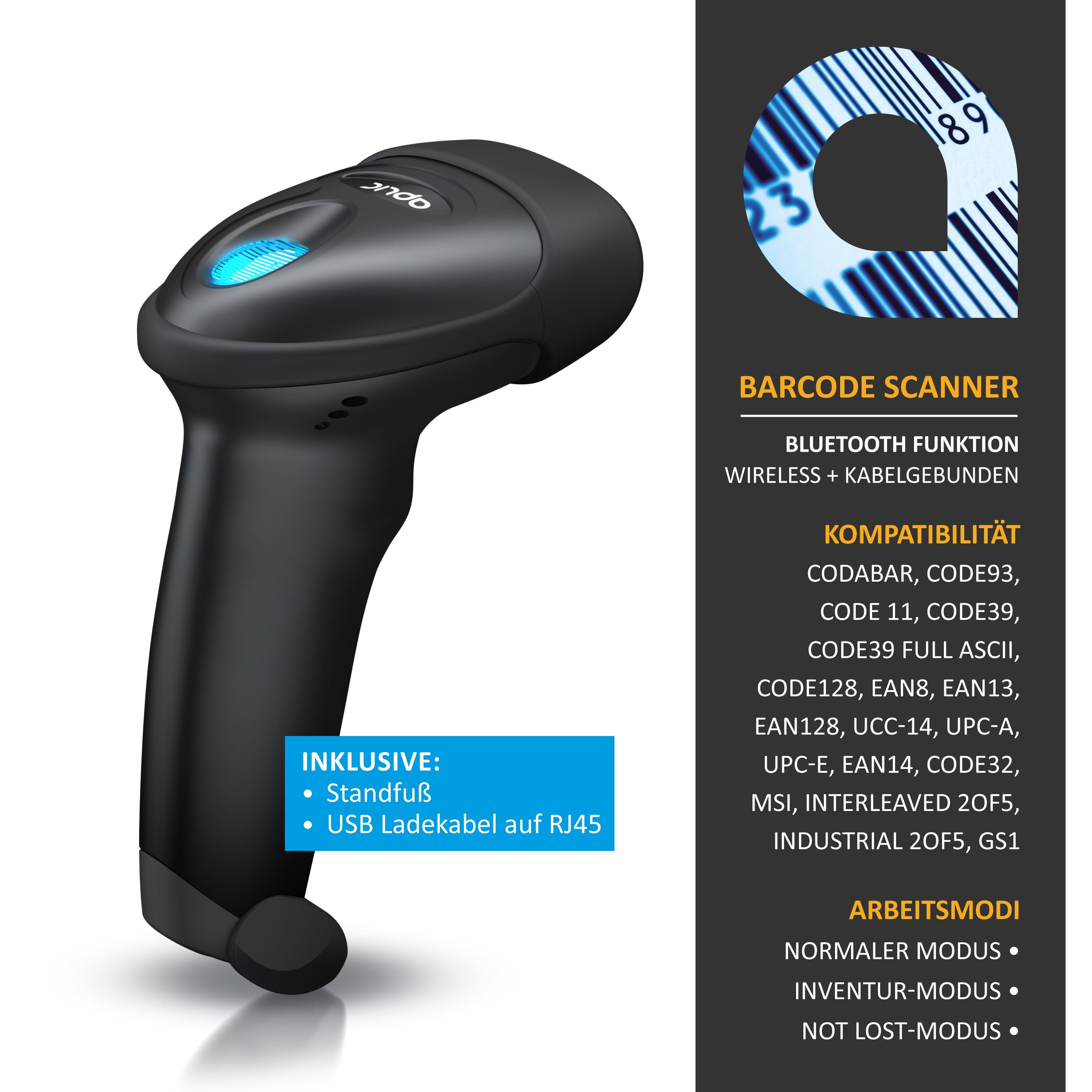 Aplic Handscanner, (Bluetooth Barcode Scanner. Barcodescanner kabellos inkl. Standfuß)
