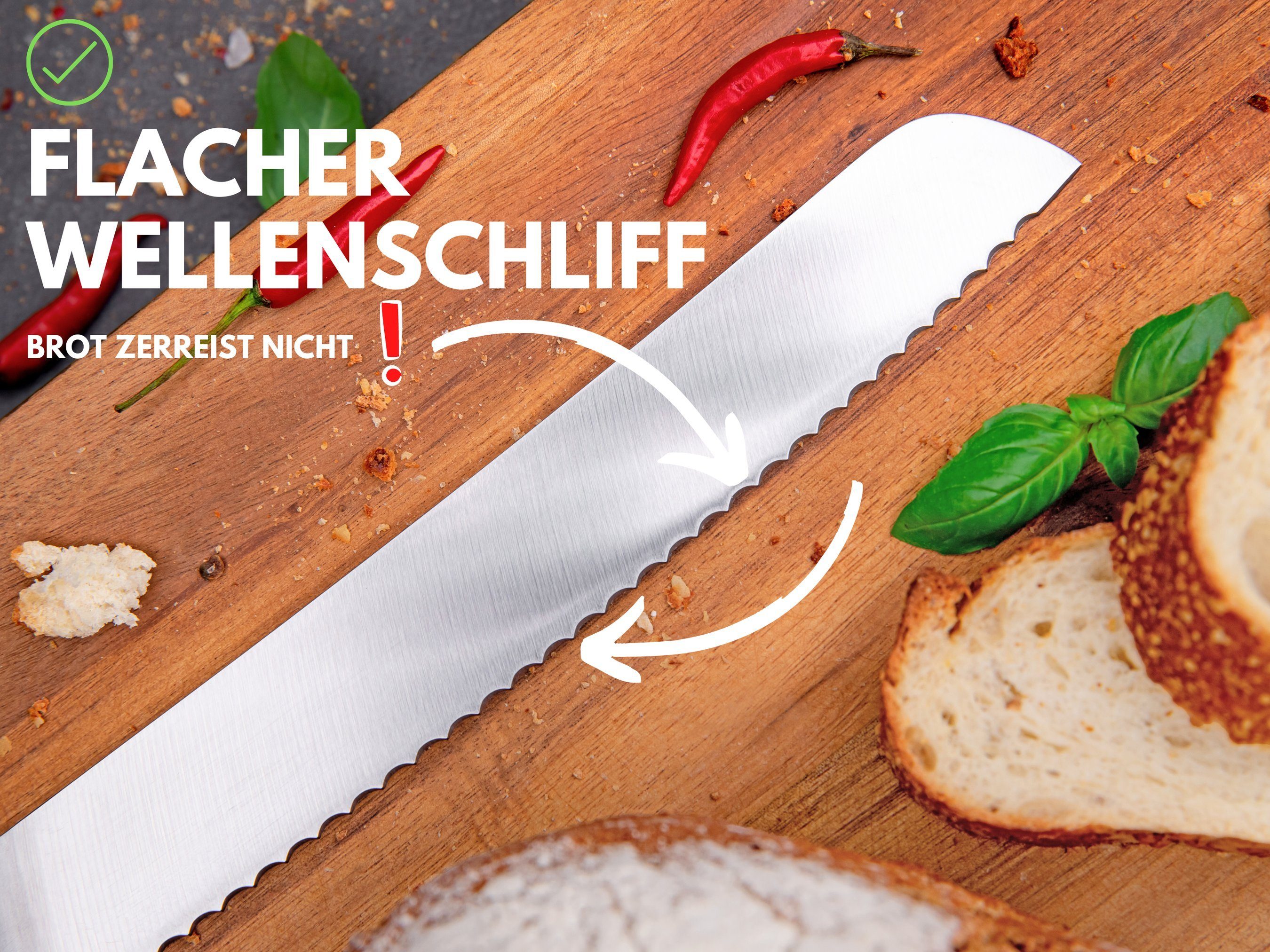 Hannah's Homebrand Brotmesser Brotmesser mit flachem Wellenschliff aus Ebenholz, Brotmesser mit verblüffend leichtem Schnitt