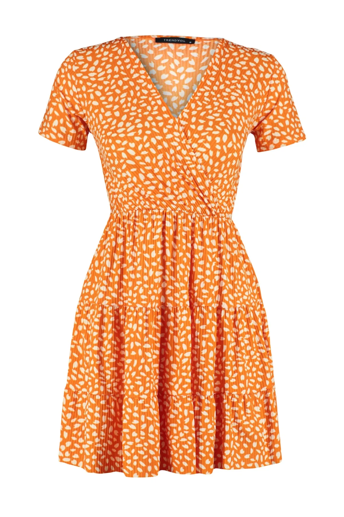 Trendyol Collection  Orange bedrucktes, zweireihiges, dehnbares Mini-Strickkleid mit zweireihigem Ausschnitt TWOSS21EL0241