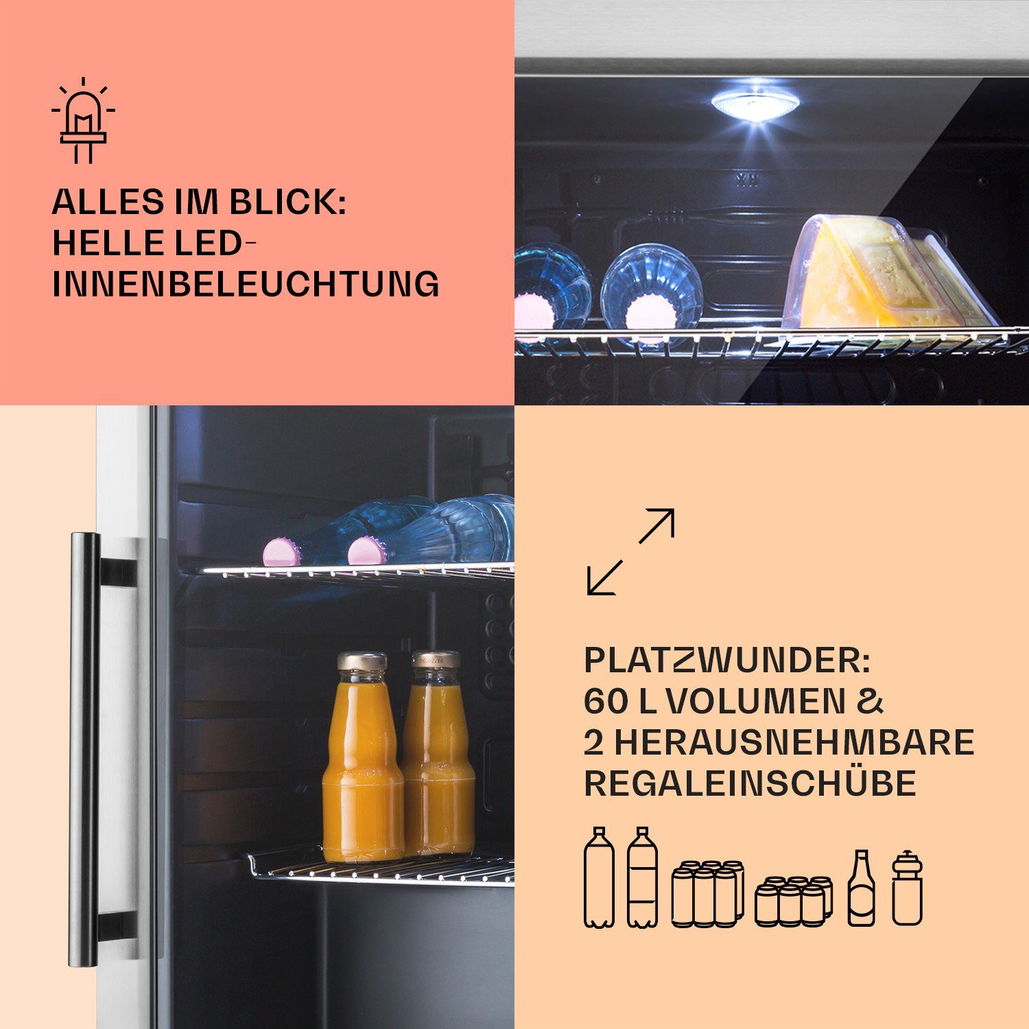 Klarstein Getränkekühlschrank HEA-Beersafe-XL 10027672A, 63 cm hoch, 47 cm breit, Bierkühlschrank Getränkekühlschrank Flaschenkühlschrank mit Glastür