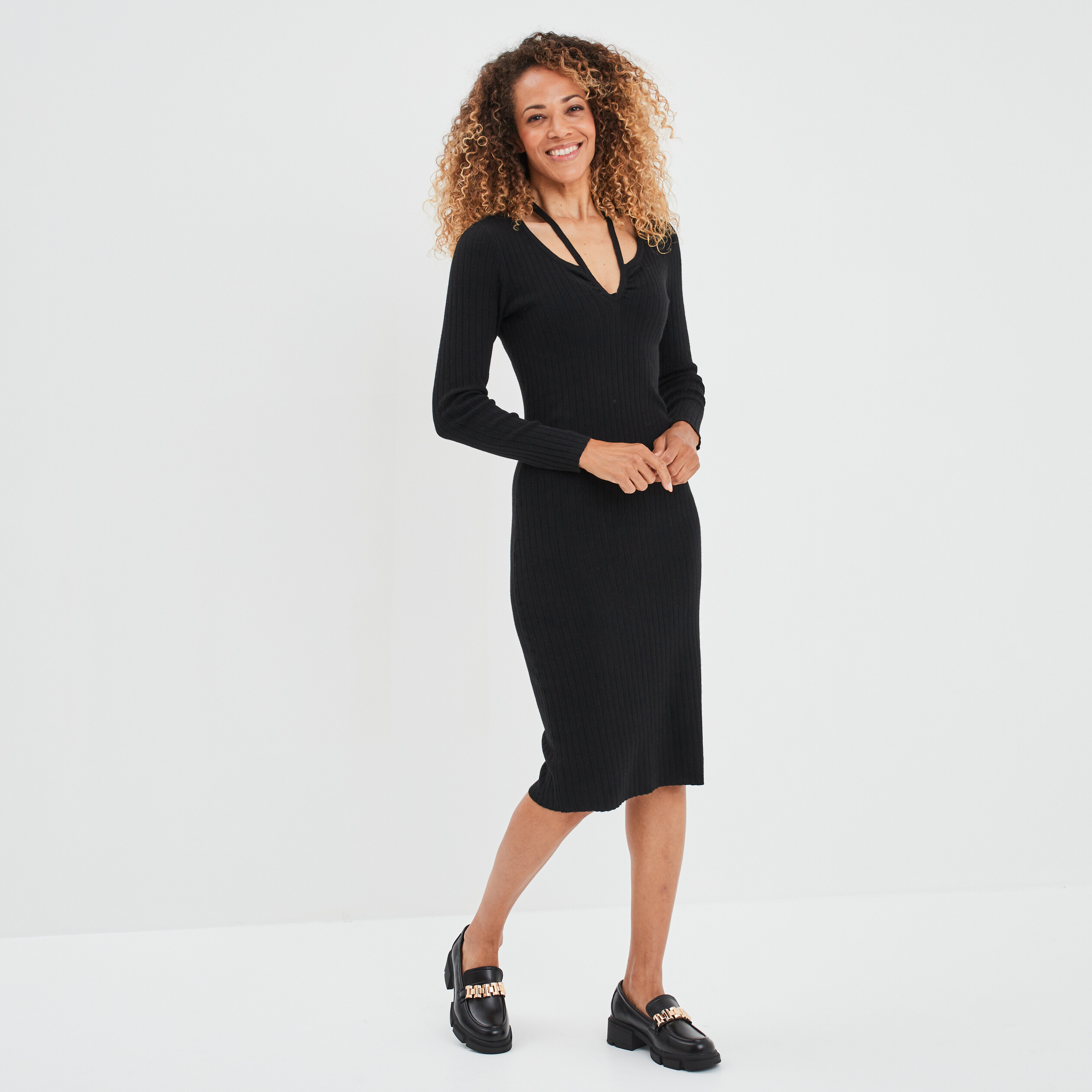Robe pull moulante à bretelles nouées noir femme | La Halle