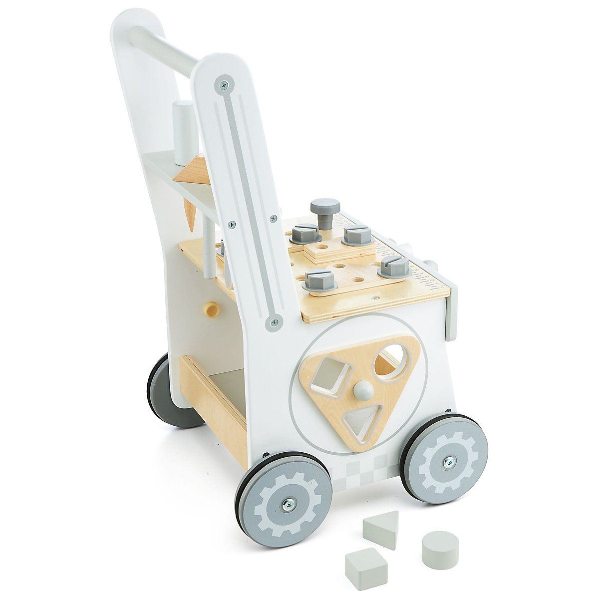 Lauflernwagen aus Holz mit Gummibereifung, Lauflernhilfe-Laufwagen für Kinder, Sortierer, Werkzeugbank für Kinder aus Holz