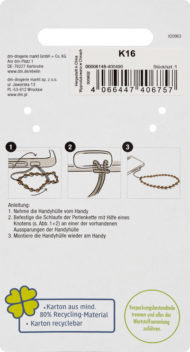 Handykette mit Perlen und Blumenapplikation, 1 St