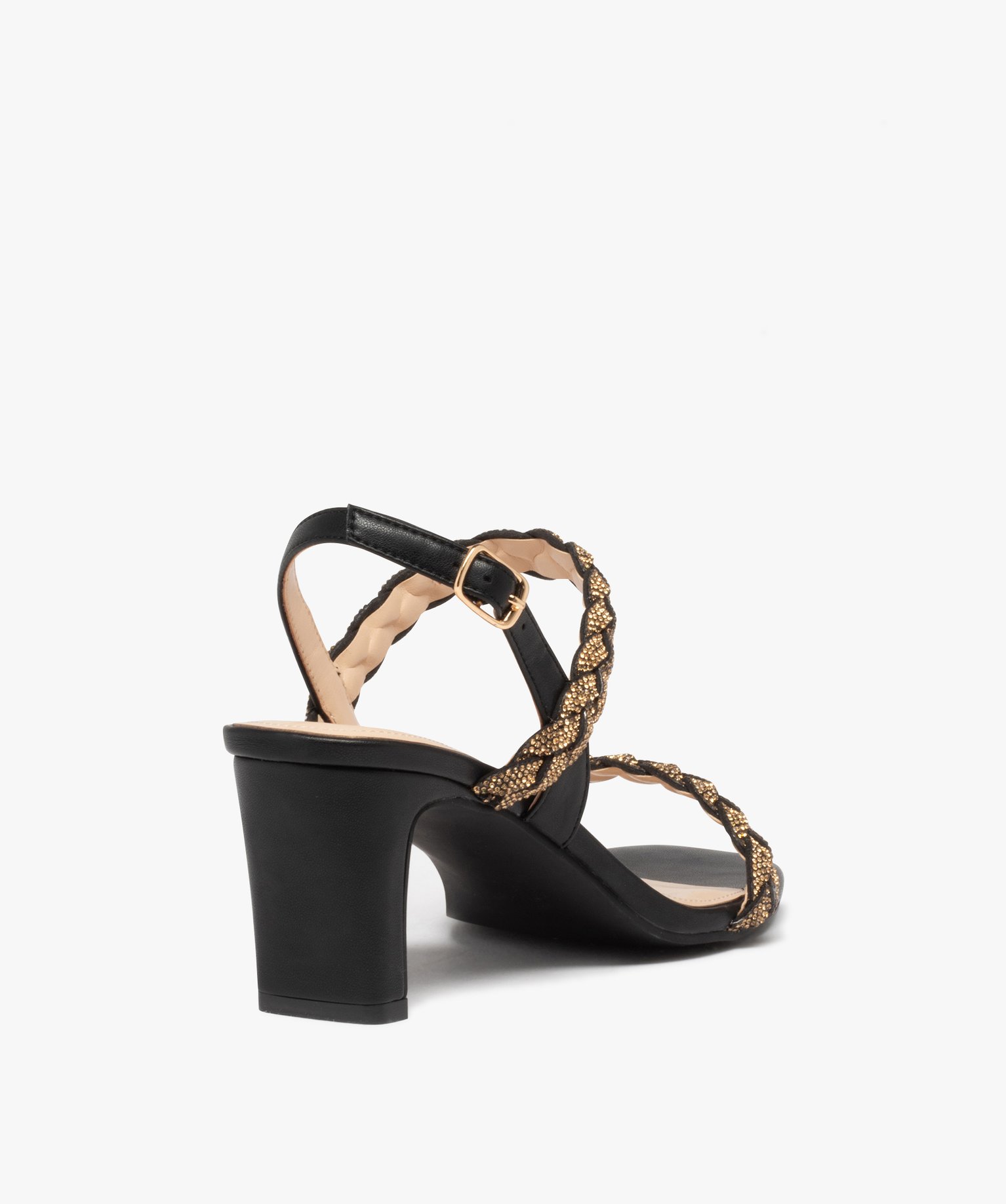 Sandales femme à talon et brides tressées en strass noir | GEMO