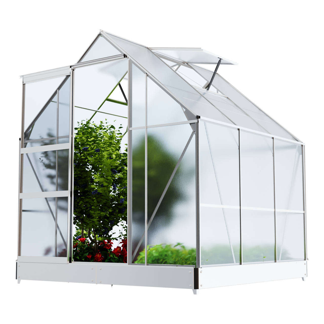 TroniTechnik Gewächshaus GH04 Aluminium 4mm inkl. Fundament mit Dachfenster, Schiebetür, UV-Schutz