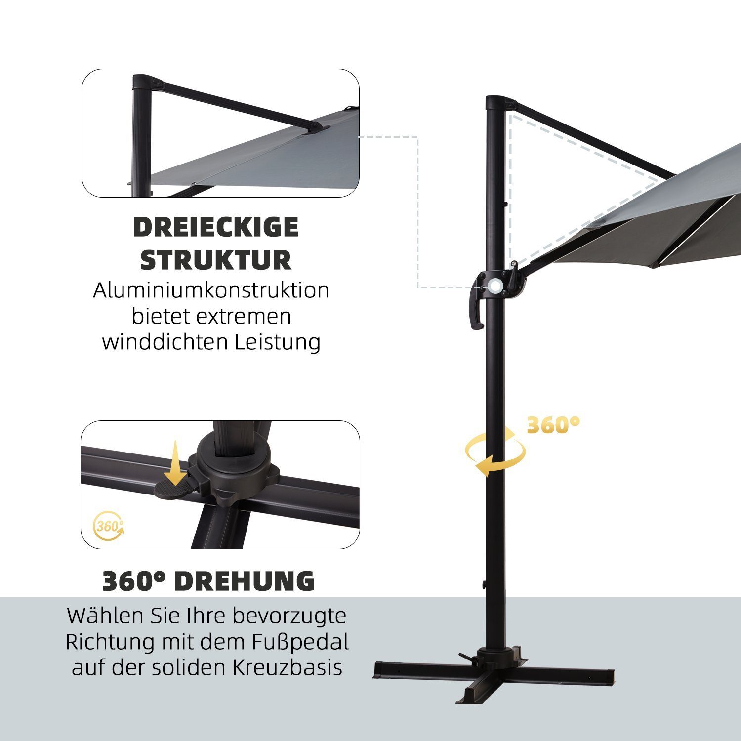 EROMMY Sonnenschirm Terrassenschirm für Garten und Balkon, LED-Leuchten, LxB: 300,00x300,00 cm, 360°drehbar, 5-fach verstellbar, ohne Schirmstander