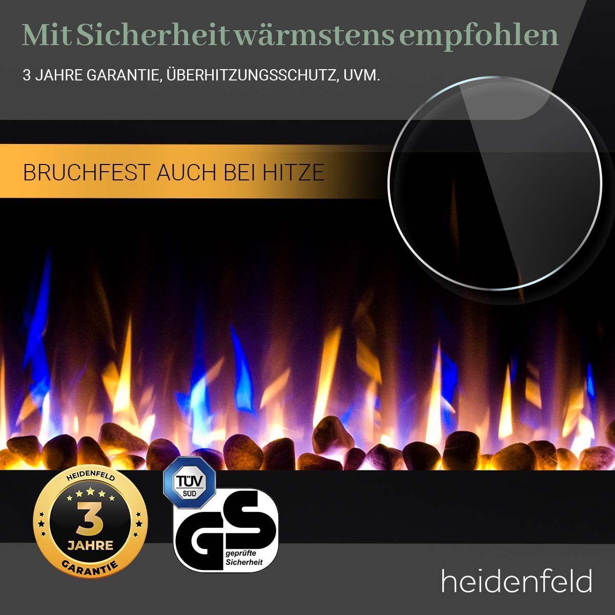 Heidenfeld Elektrokamin Kamin Heizung Wandkamin HF-WK500 750/1500 Watt inkl. 3 J. Garantie LED, 3D Flammen - Bluetooth Lautsprecher - Fernbedienung - Elektroheizung