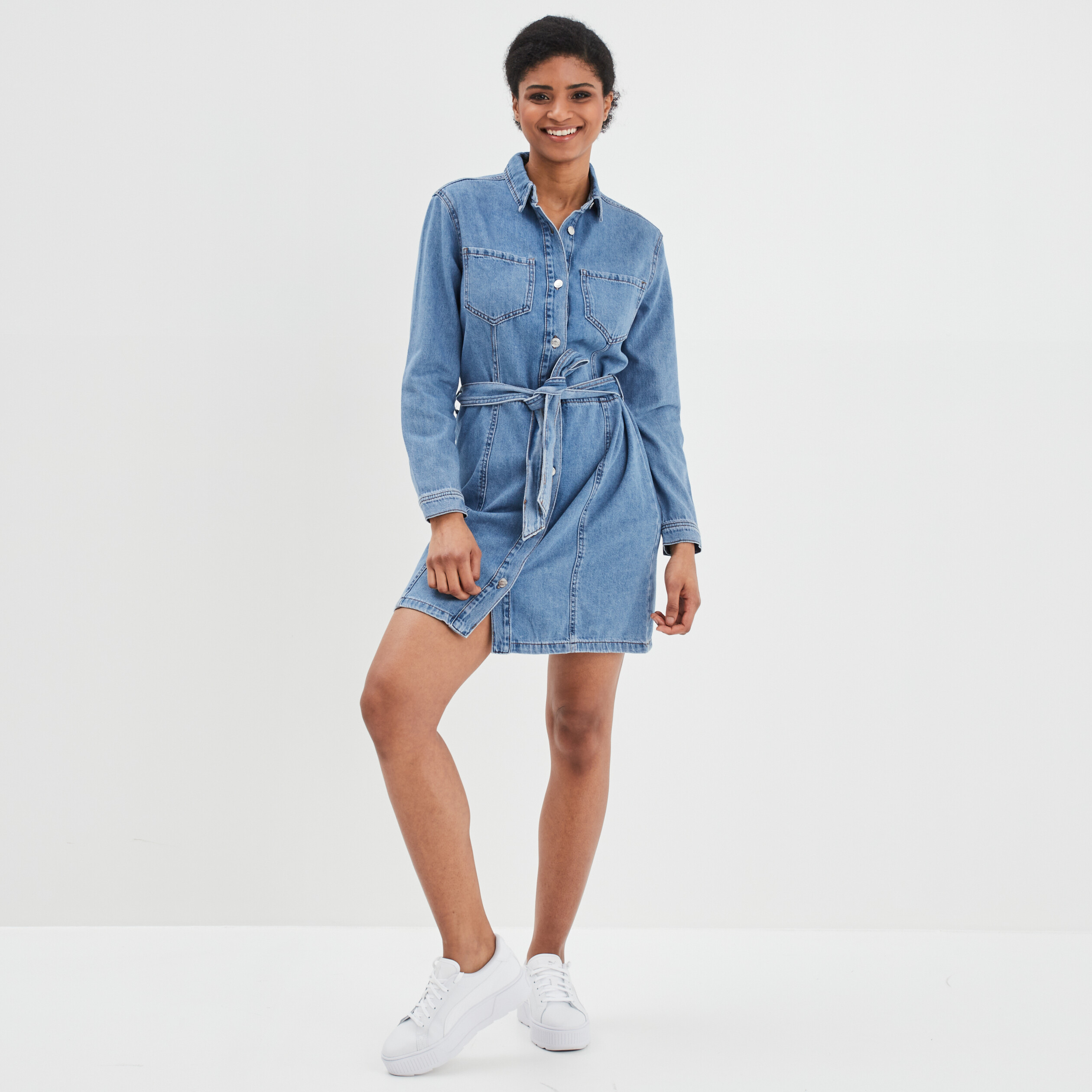 Robe chemise droite ceinturée en jean denim double stone femme | La Halle
