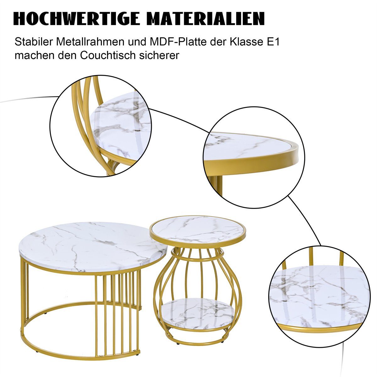XDeer Couchtisch Couchtisch 2er Set,robustes Sofatisch Wohnzimmertisch Rund, Beistelltisch mit golden Eisengestell(70*70*45.5/45*45*53.5cm)