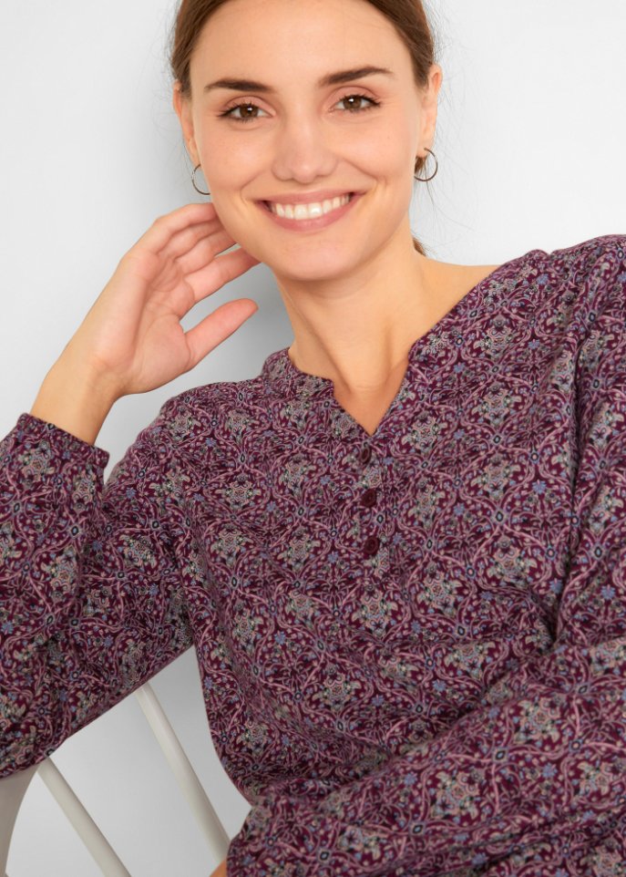 Bedrucktes Langarmshirt mit Henley-Kragen