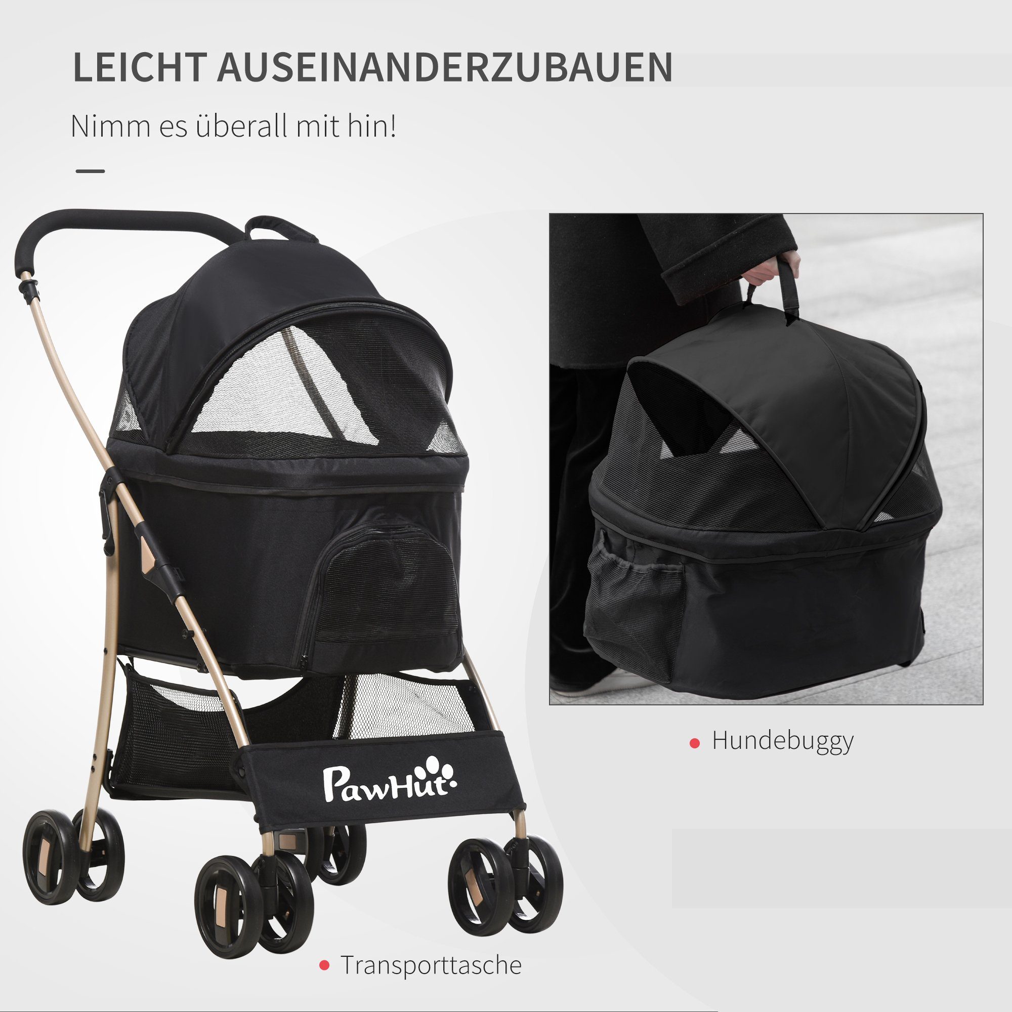 PawHut Hundebuggy 2-in-1 Hundewagen und Transportkorb, klappbar, 82 x 49,5 x 98 cm, (1-tlg), mit Falttasche